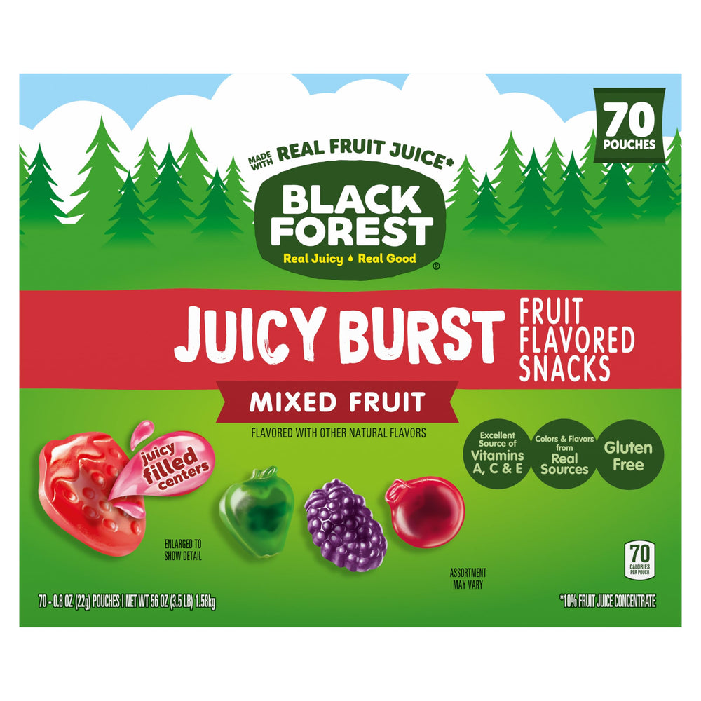 Black Forest cuatro snacks mostrando fresa uva cereza manzana, variedad visible