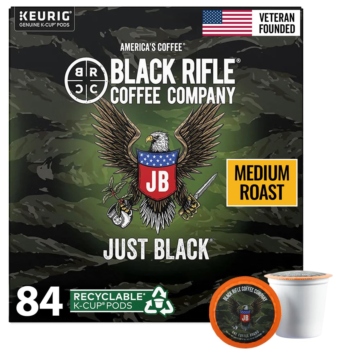 Black Rifle Coffee paquete frontal mostrando 84 cápsulas, conveniencia inmediata