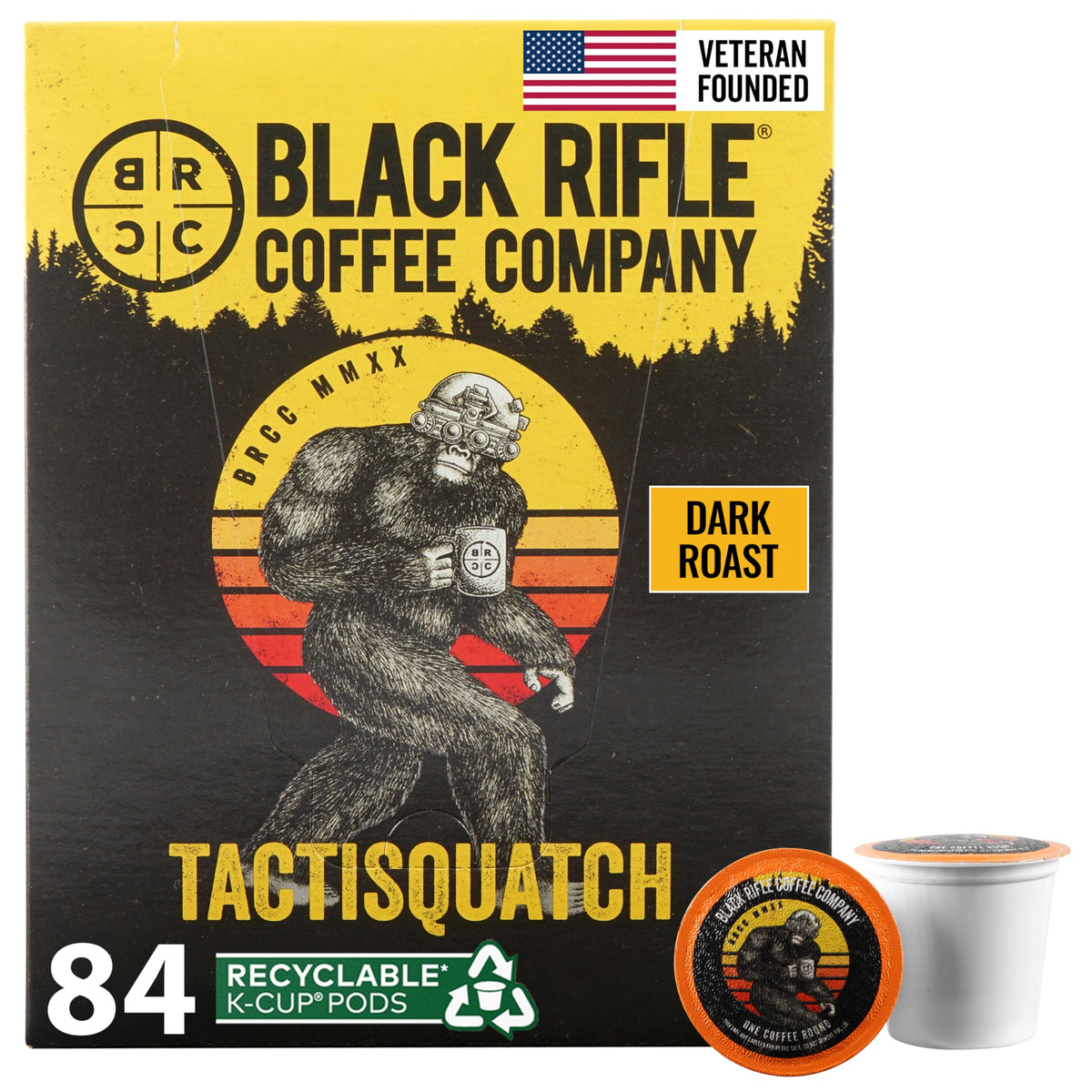 Black Rifle Coffee paquete frontal mostrando 84 K-Cups y conveniencia diaria