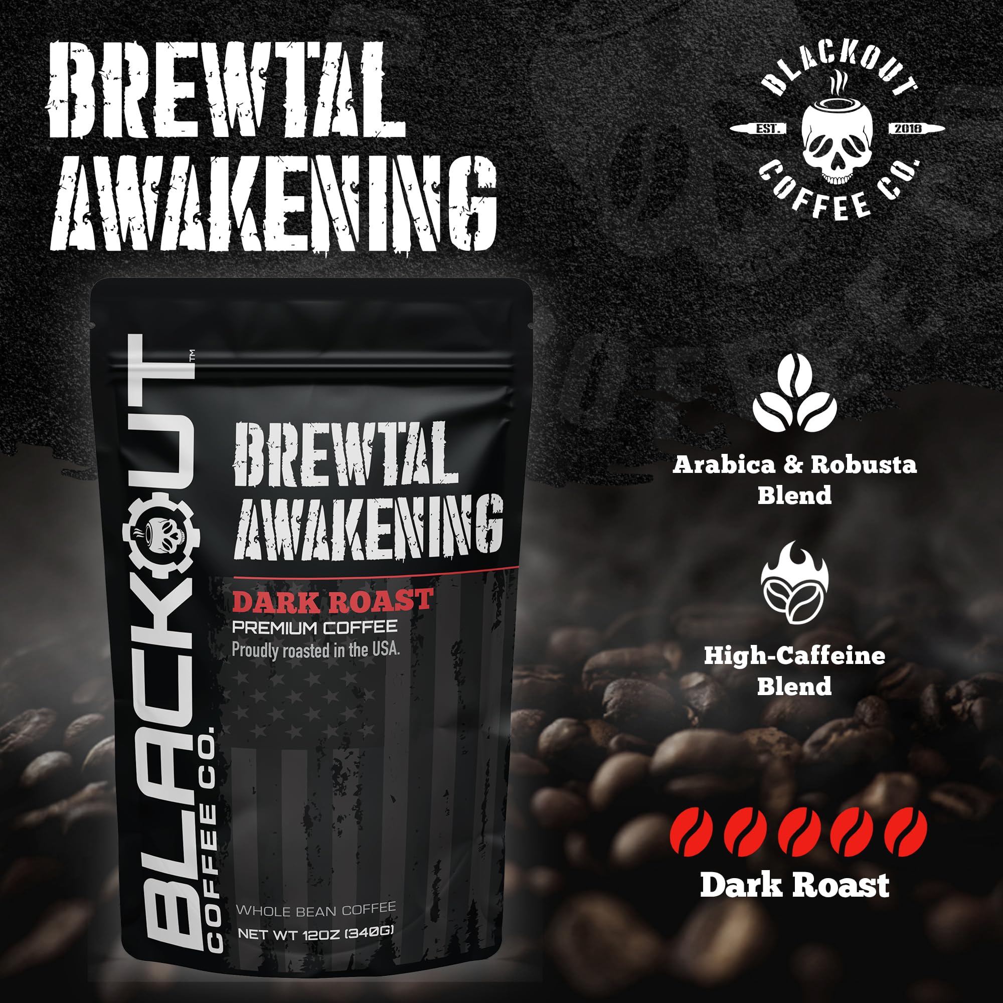Blackout Coffee bolsa abierta con granos expuestos para frescura al moler