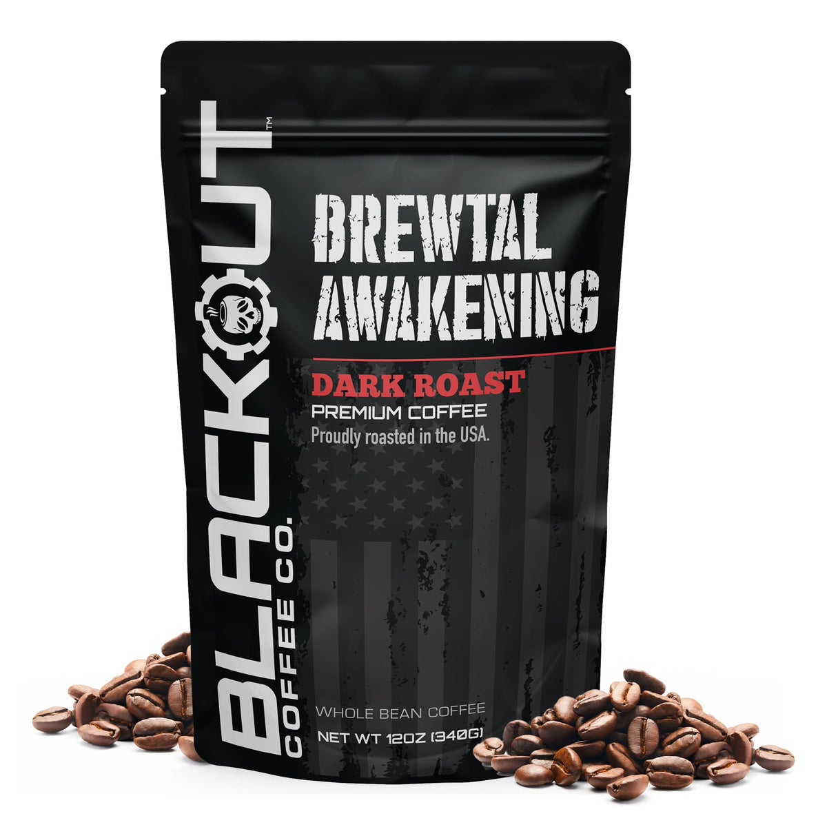 Blackout Coffee vista frontal de la bolsa 12 oz mostrando marca y diseño