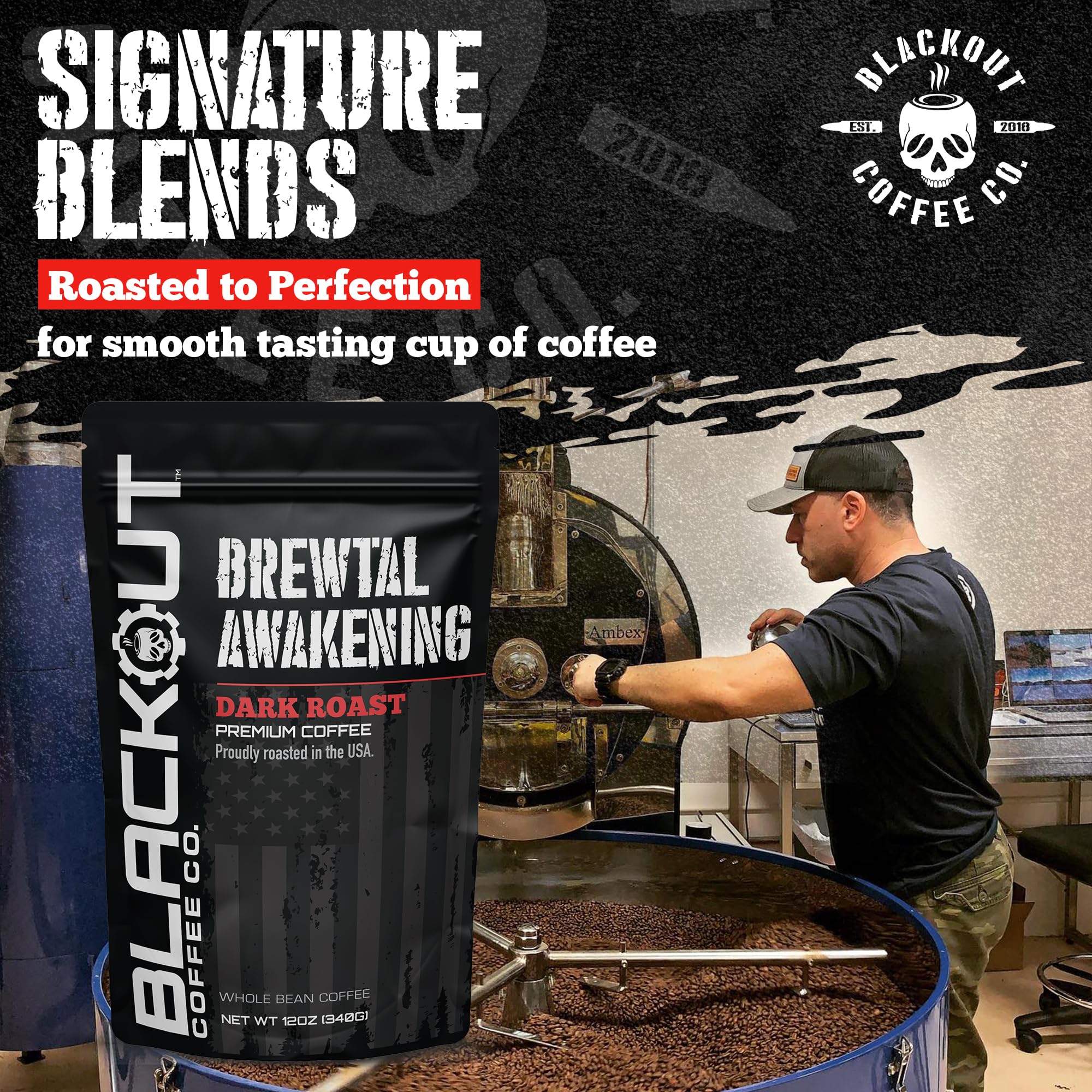 Blackout Coffee taza humeante lista, muestra intensidad y aroma vigorizante