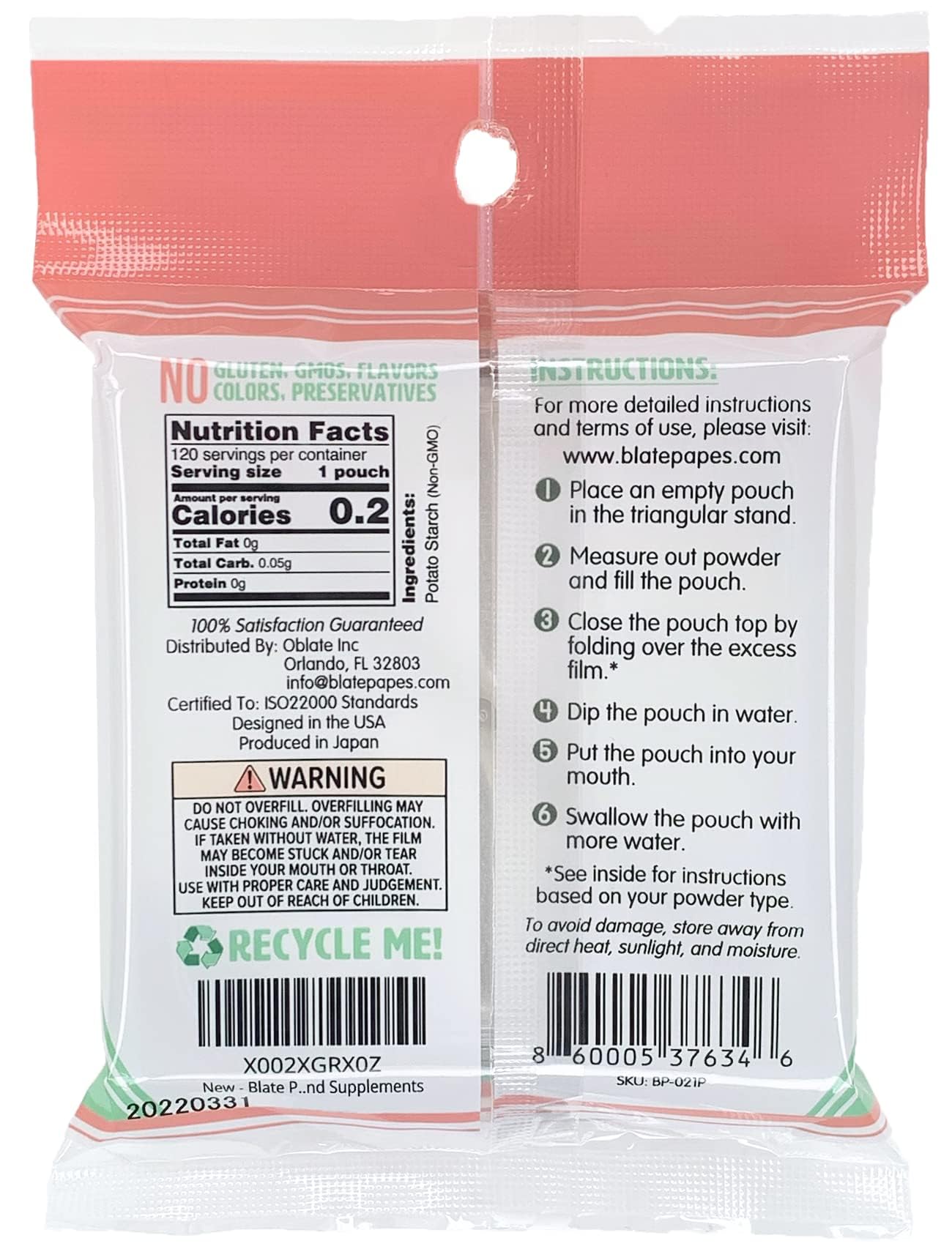 Blate Papes pouch llena con polvo, detalle de forma cónica y uso fácil