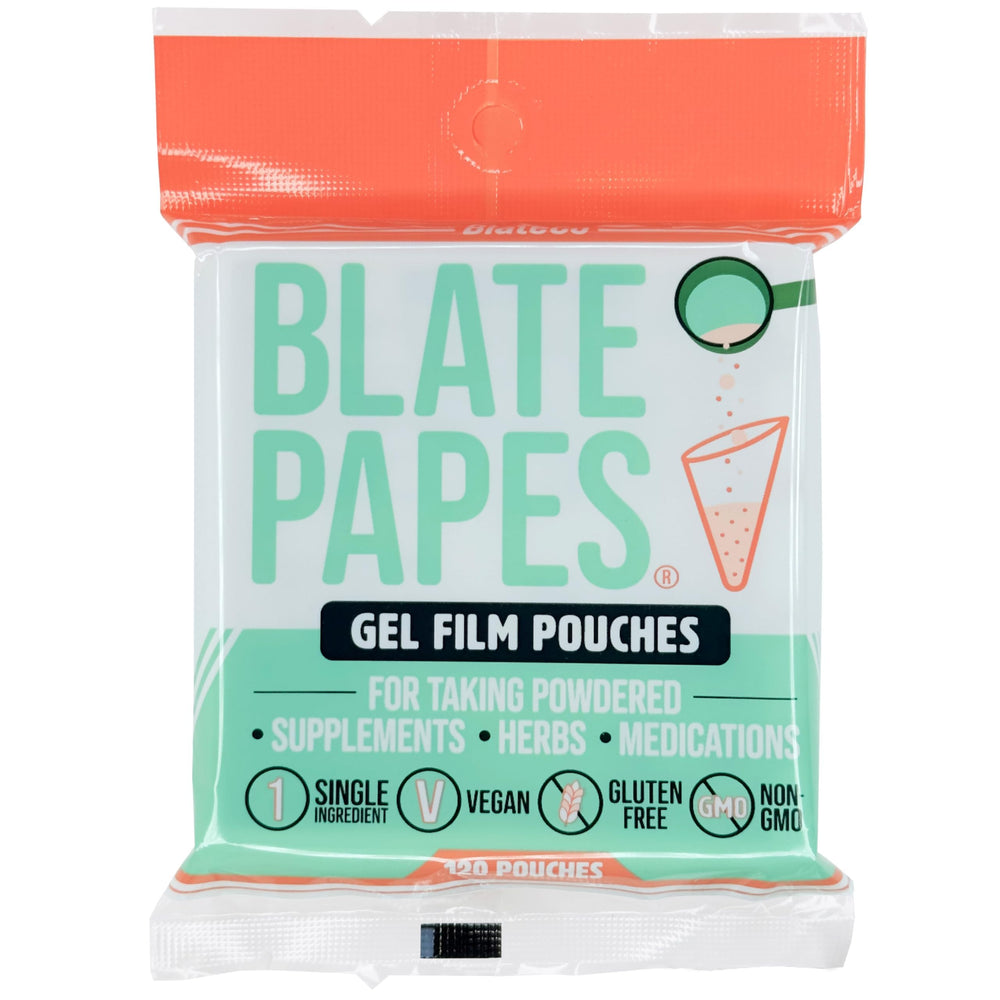 Blate Papes estuche frontal mostrando 120 pouches y beneficios prácticos