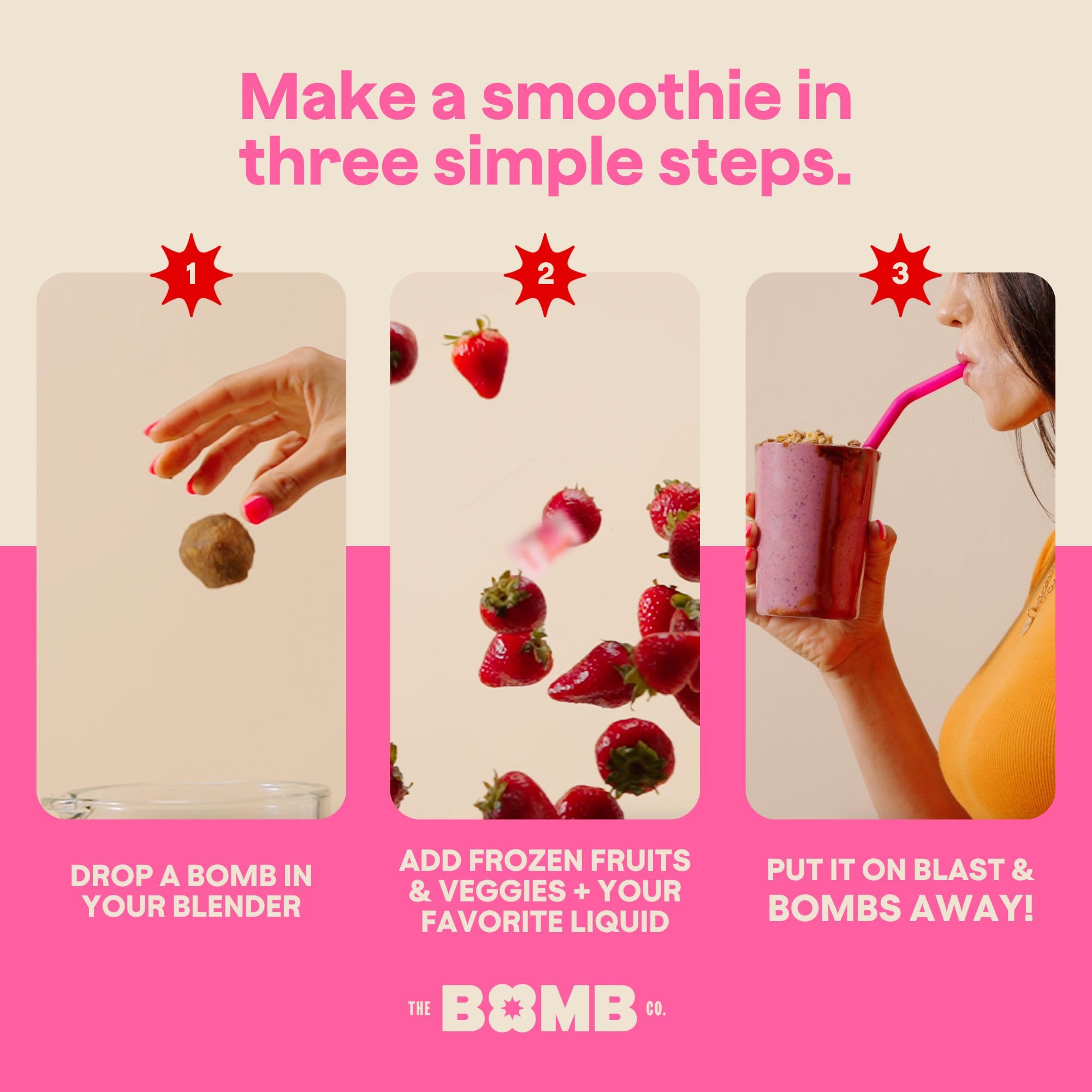 Blender Bombs bomb dentro de una licuadora en uso para preparar un smoothie rápido