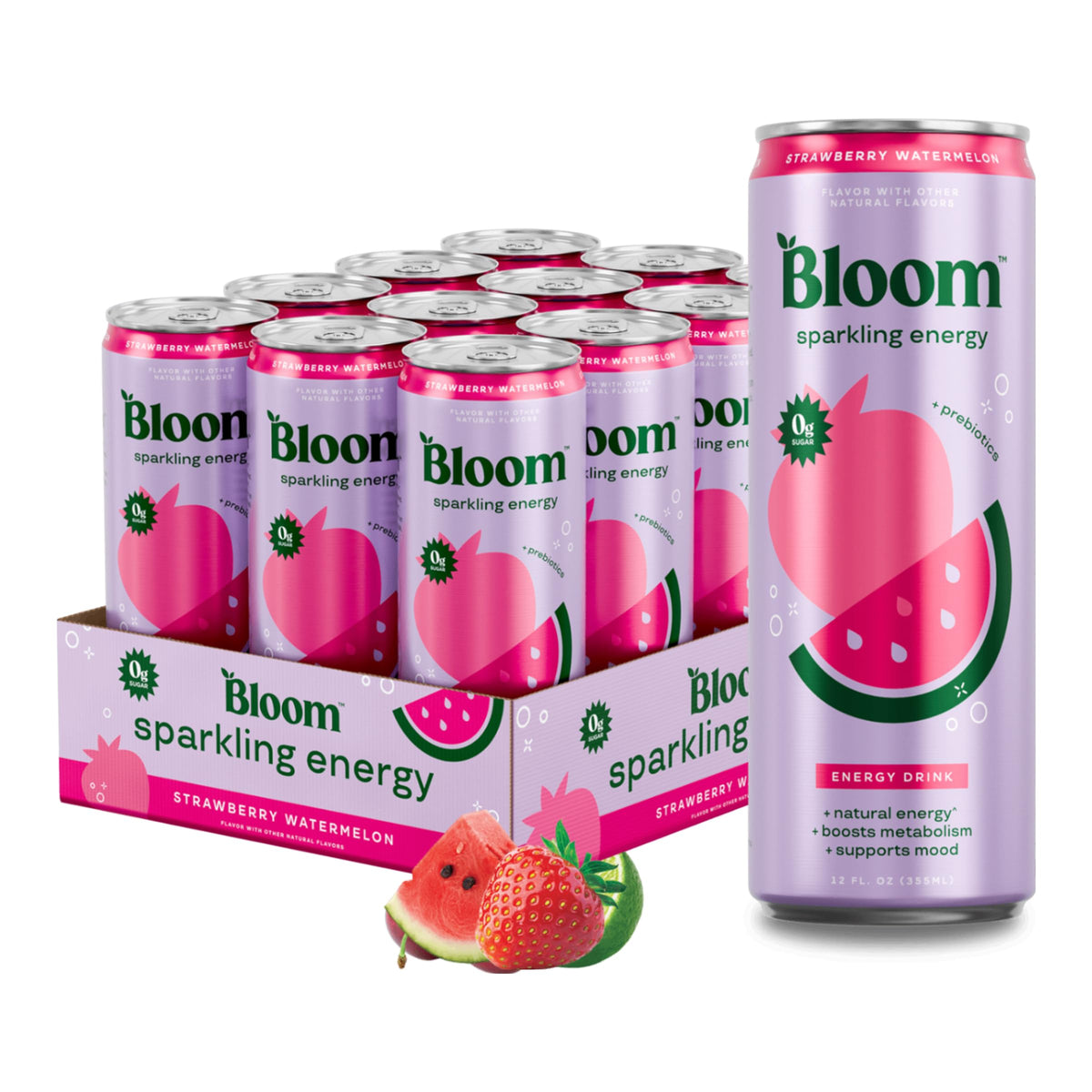 Bloom Nutrition lata frontal mostrando sabor fresa sandía y atractivo visual
