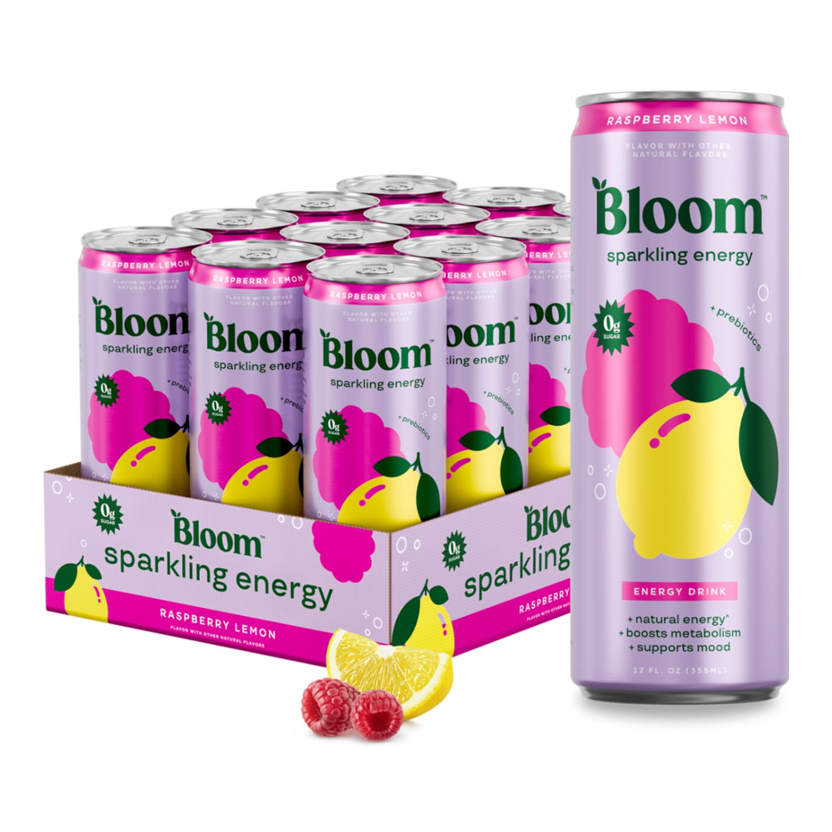 Bloom Nutrition lata frente mostrando diseño y sabor frambuesa limón, refrescante y sin azúcar