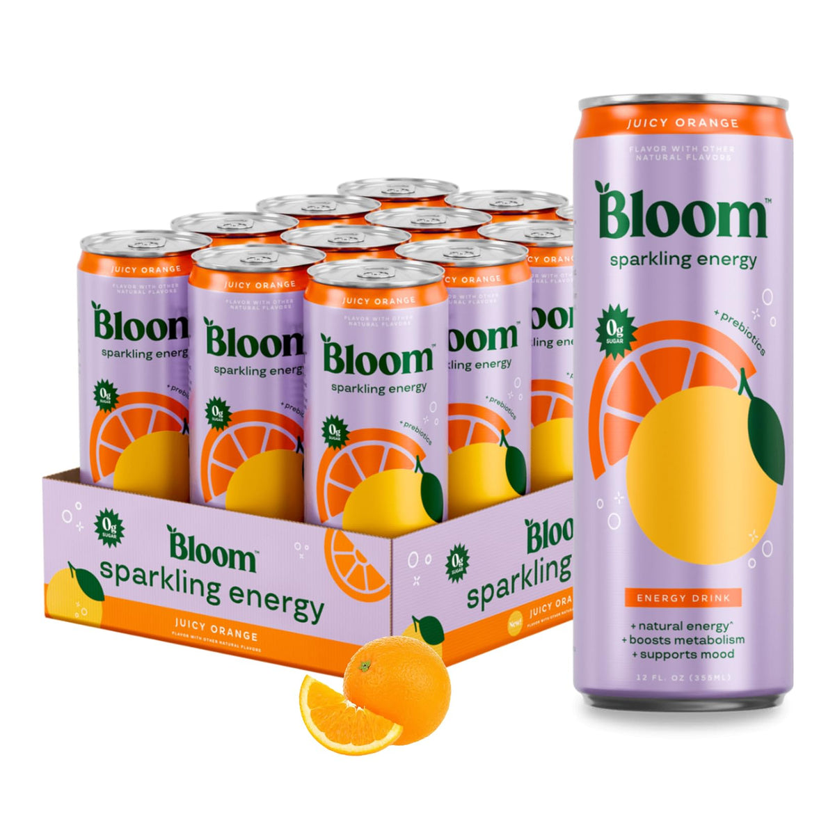 Bloom Nutrition lata frente mostrando sabor naranja y beneficio refrescante