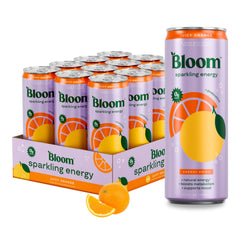 Bloom Nutrition lata frente mostrando sabor naranja y beneficio refrescante