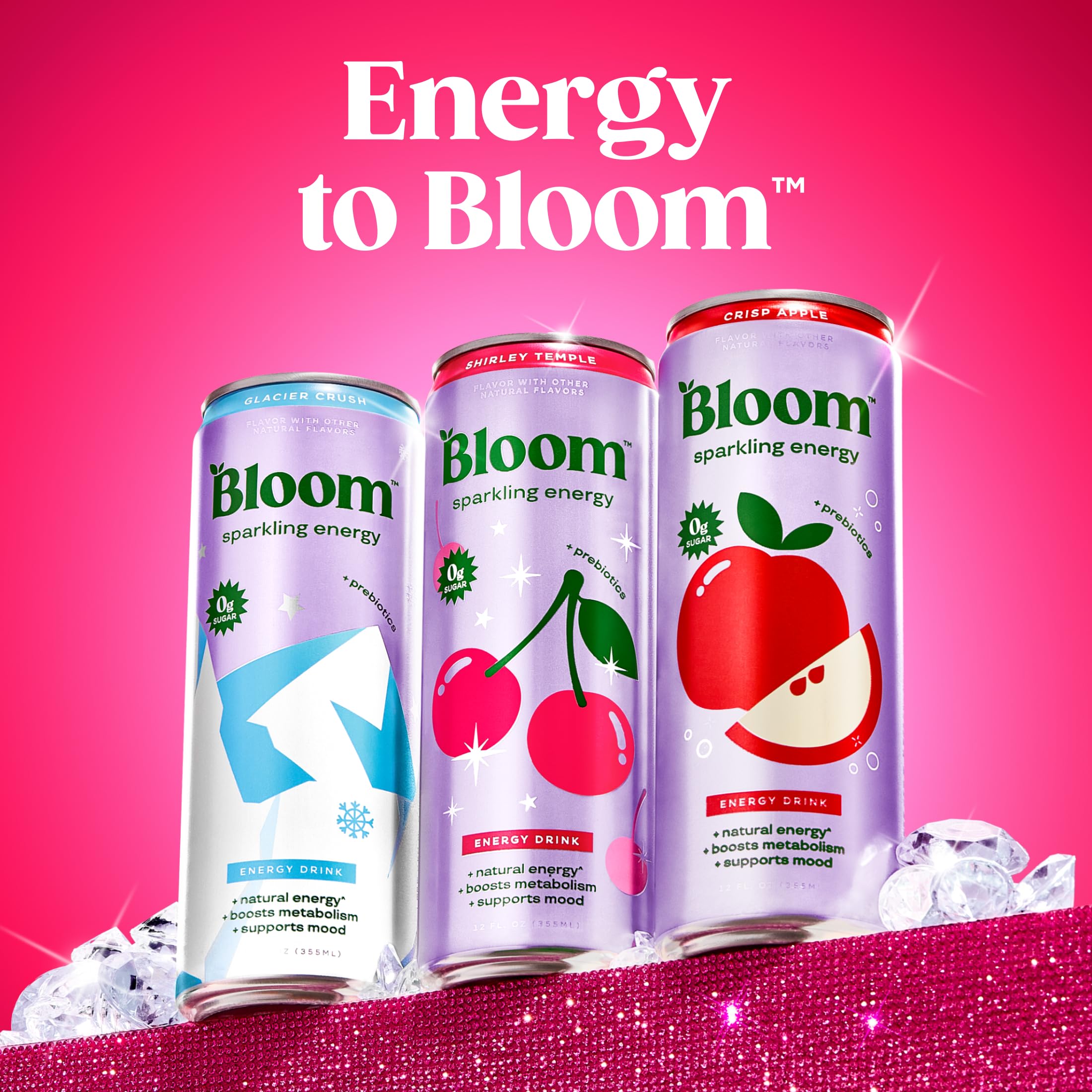 Bloom Nutrition pack de 12 latas apiladas listo para almacenamiento