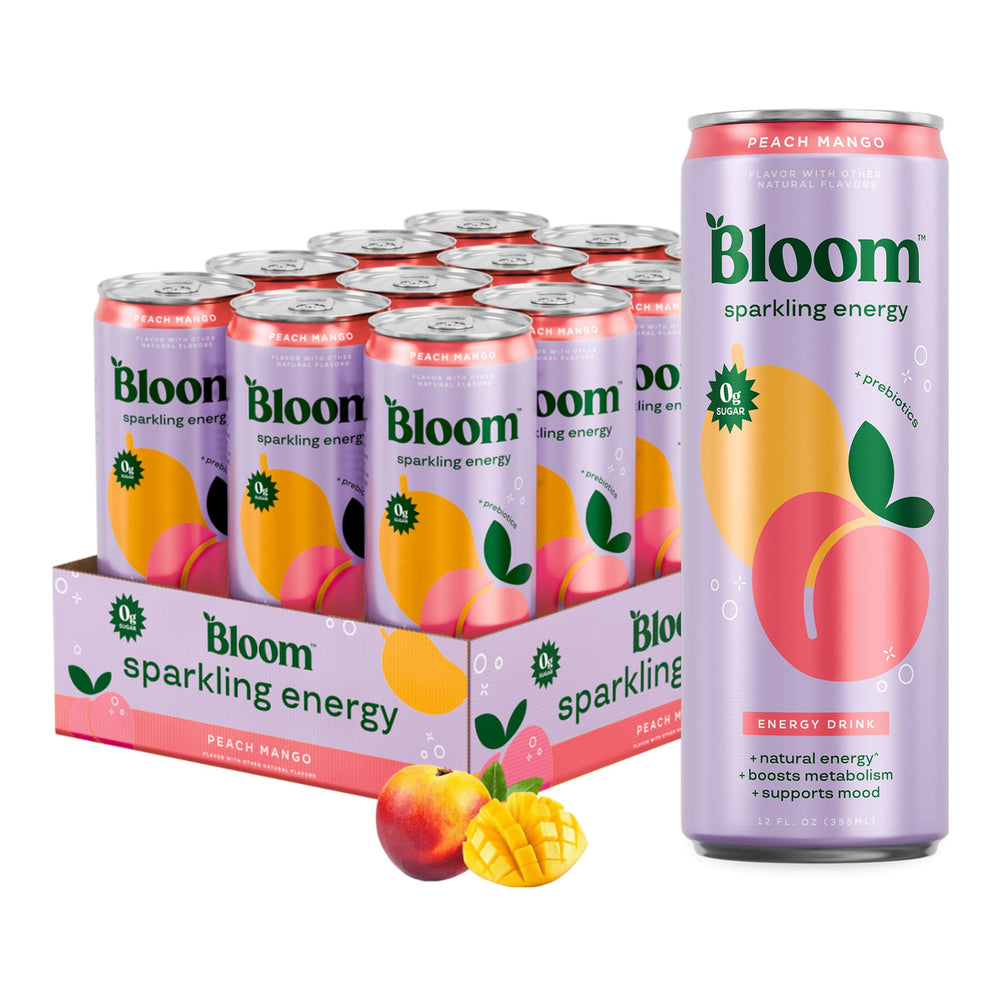 Bloom Nutrition lata Peach Mango vista frontal mostrando diseño y tamaño