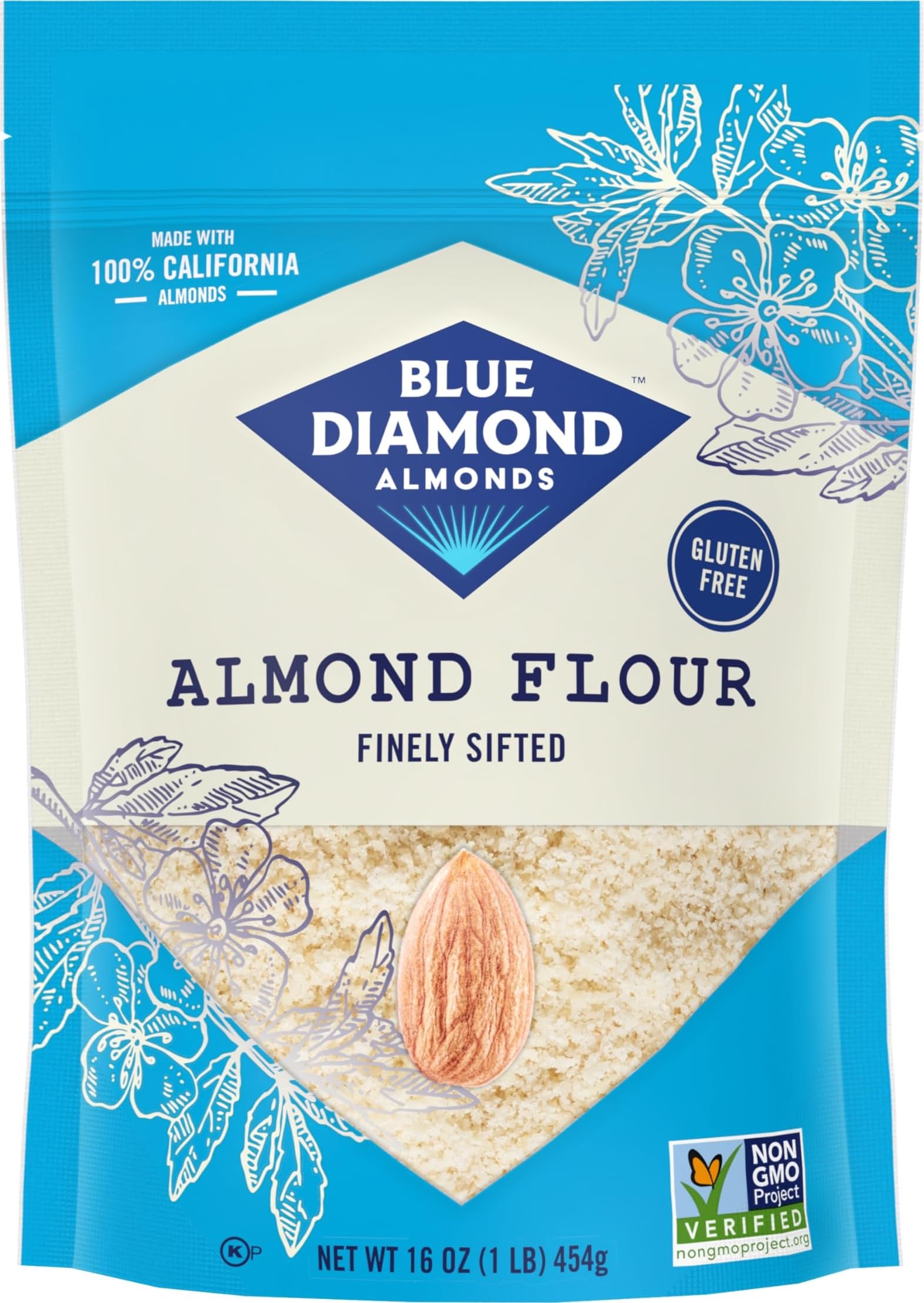 Blue Diamond Almonds paquete frontal mostrando 1 lb y sin gluten, facilita almacenamiento