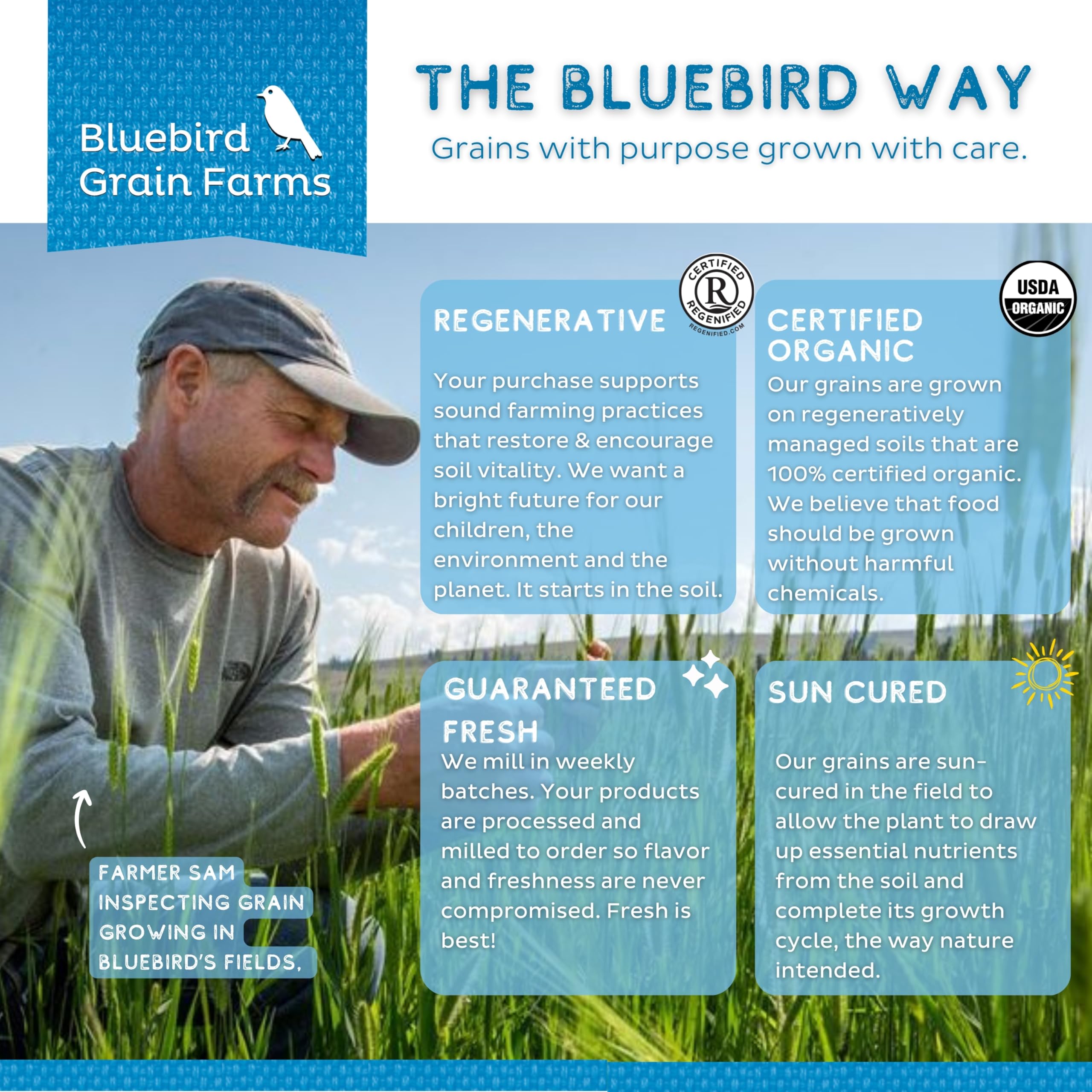 Bluebird Grain Farms etiqueta con certificaciones USDA Organic y SQF visibles