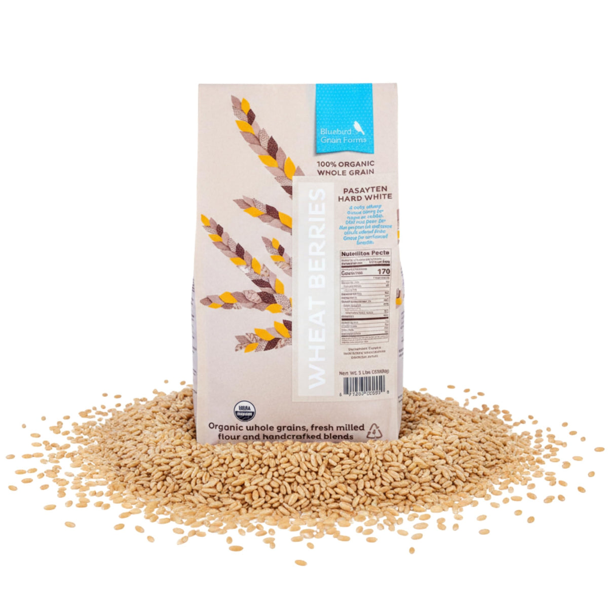 Bluebird Grain Farms paquete frontal 5 lb con trigo blanco duro orgánico y sello claro