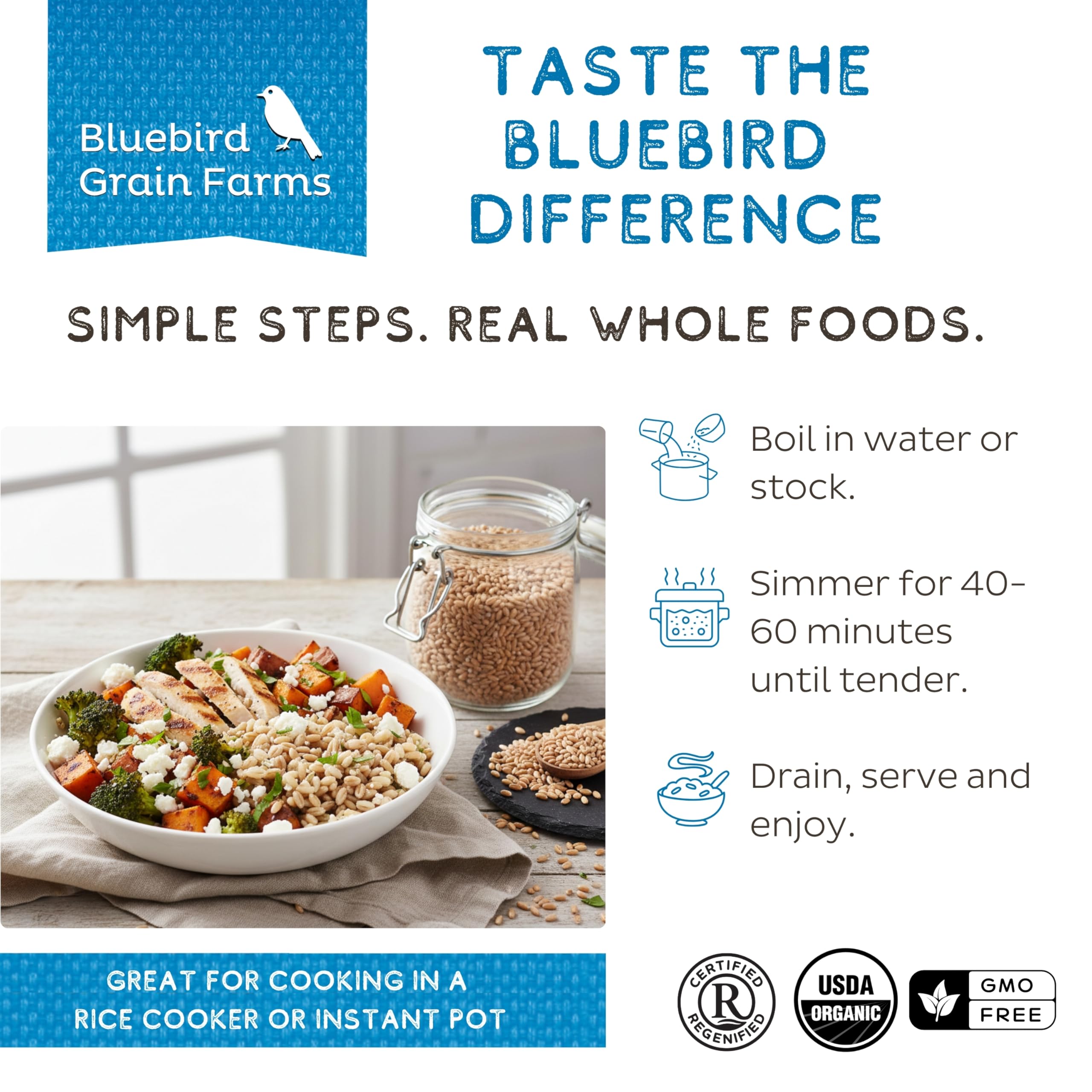 Bluebird Grain Farms trigo cocido en cazuela listo para consumir con textura firme