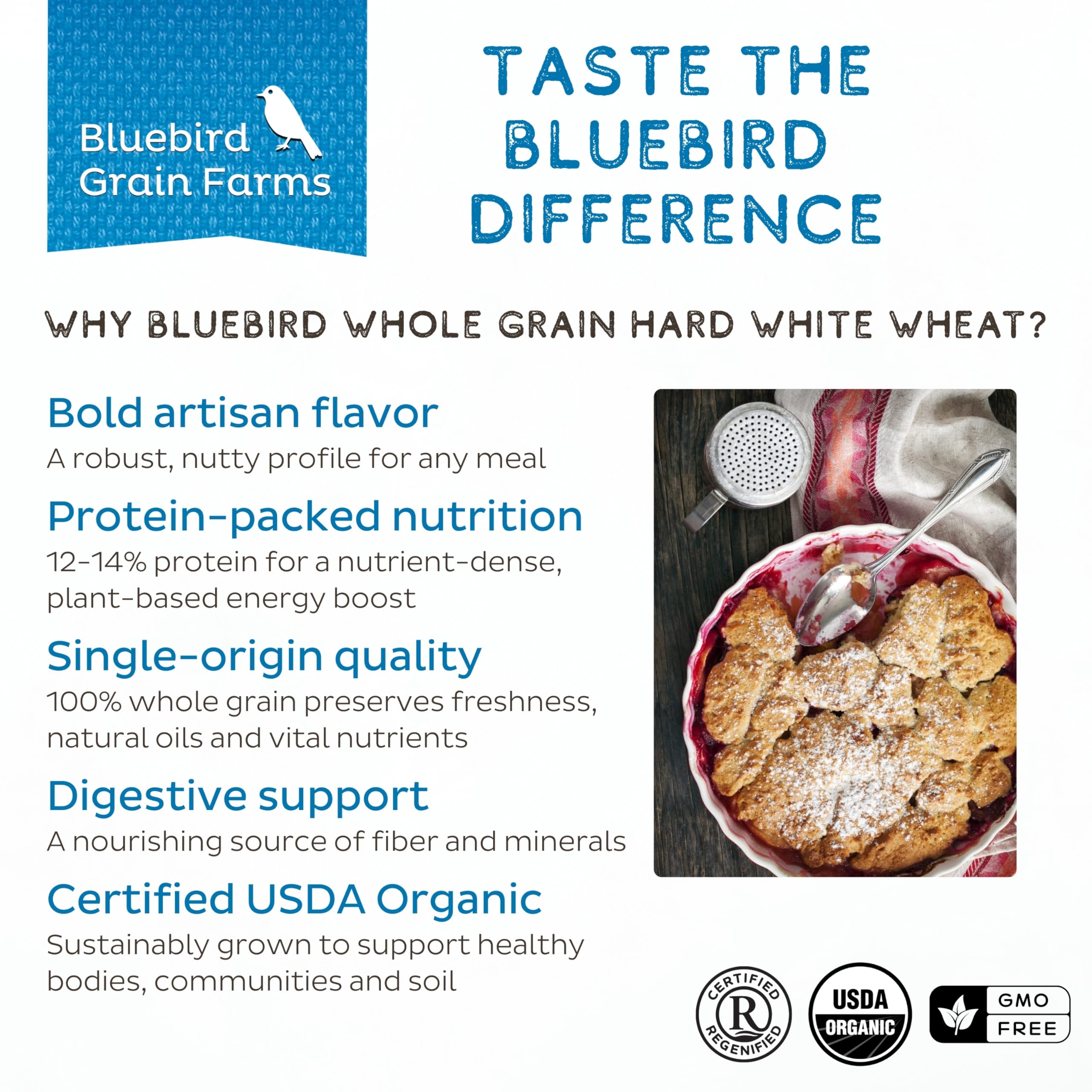 Bluebird Grain Farms granos en mano para ver escala y facilidad de uso doméstico