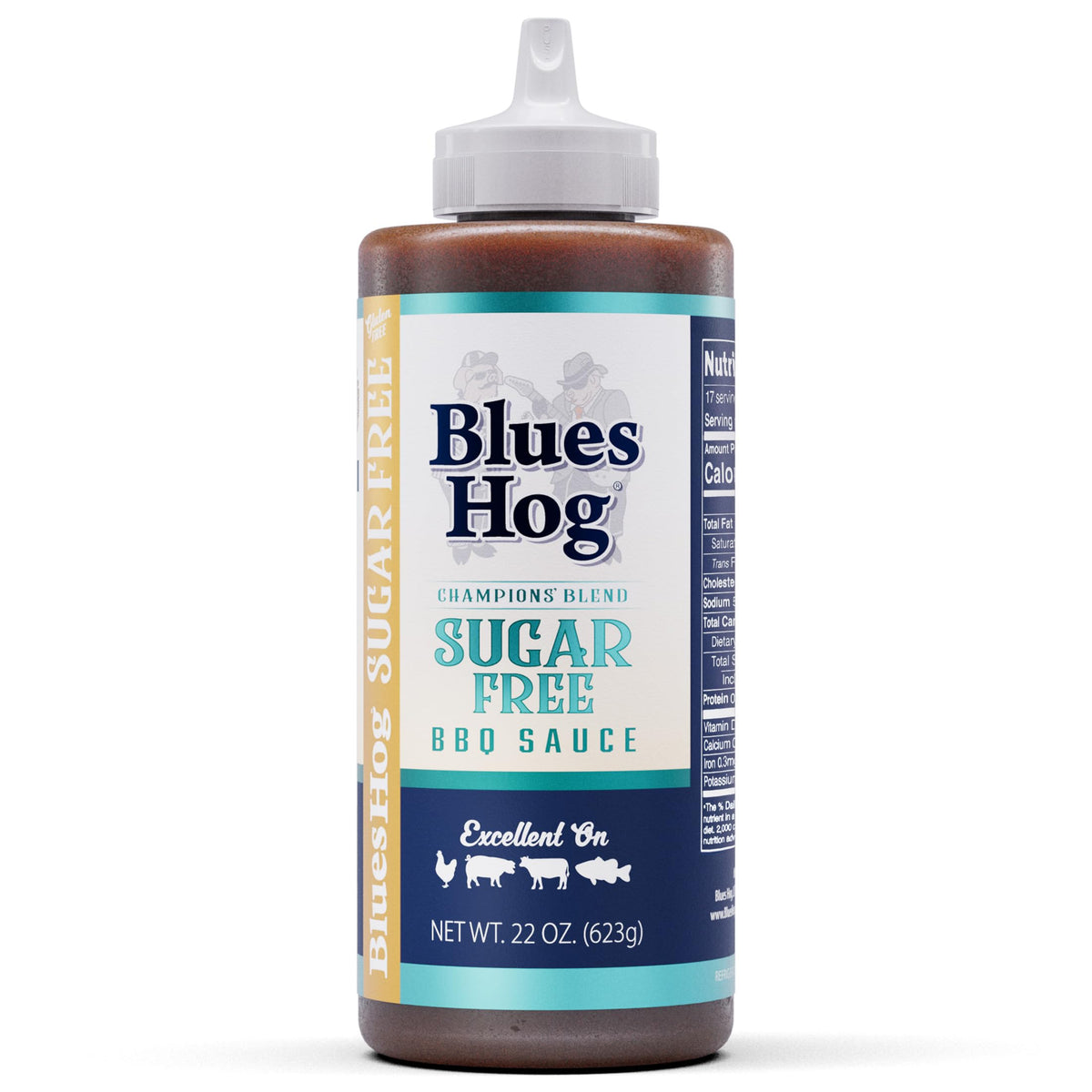 Blues Hog vista frontal de la botella con etiqueta clara y atractivo