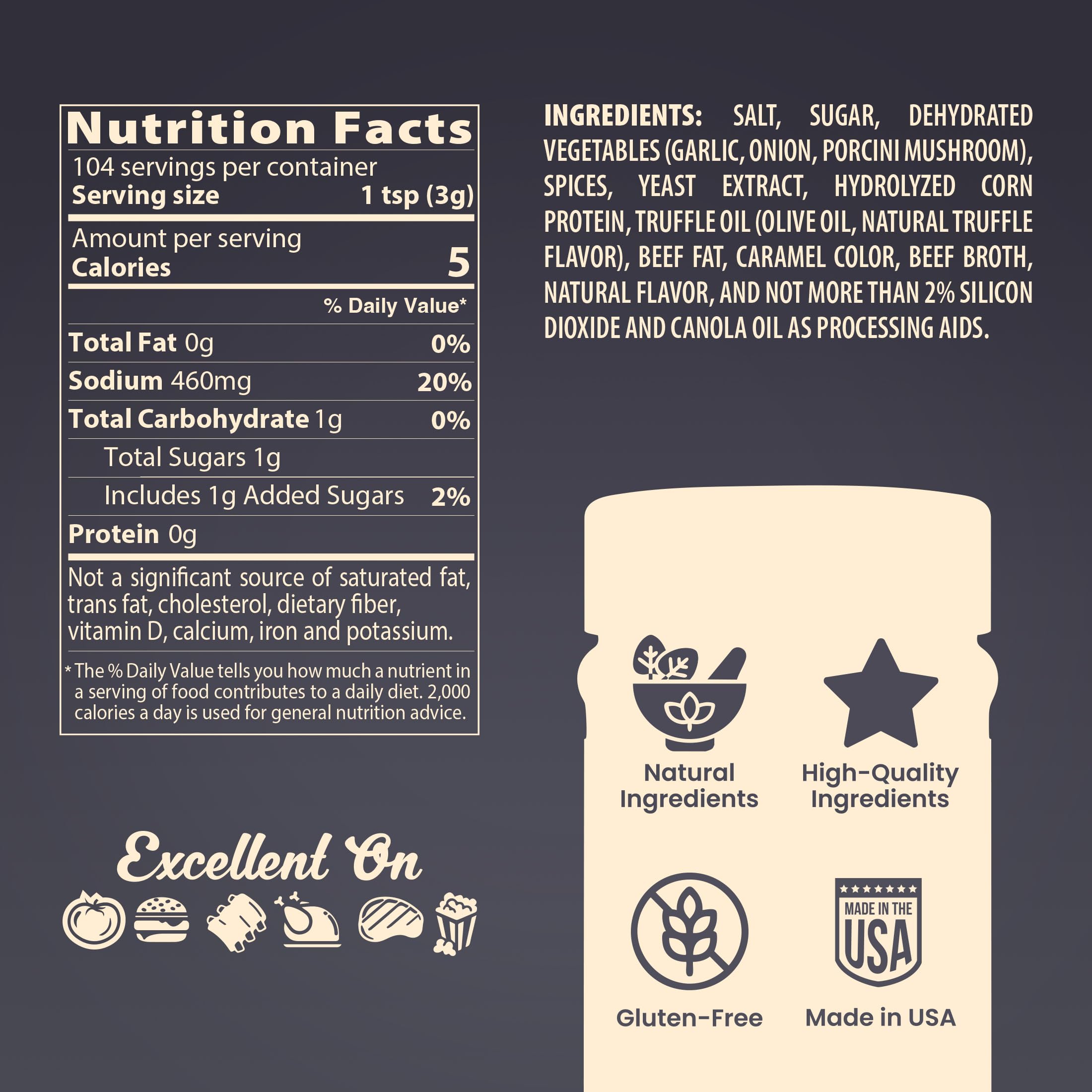 Blues Hog etiqueta legible destacando trufa real y libre de gluten