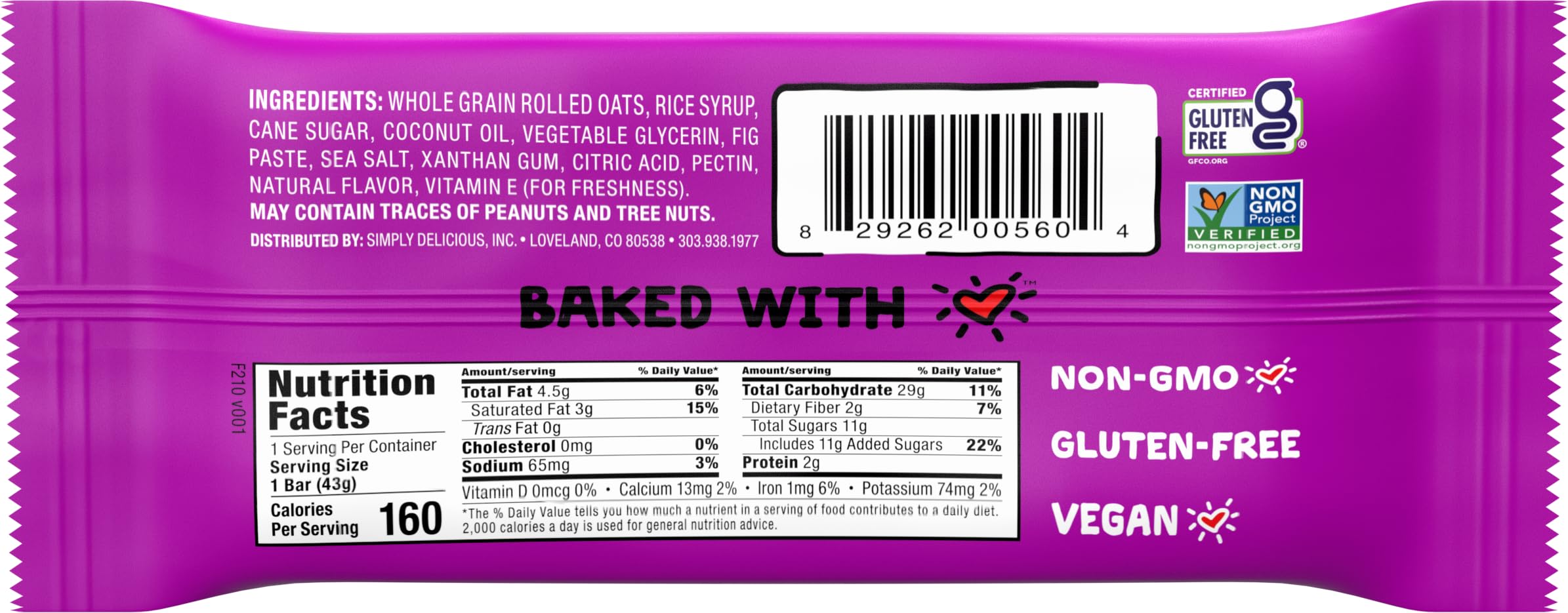 Bobo's etiqueta con certificaciones sin gluten y atributos saludables