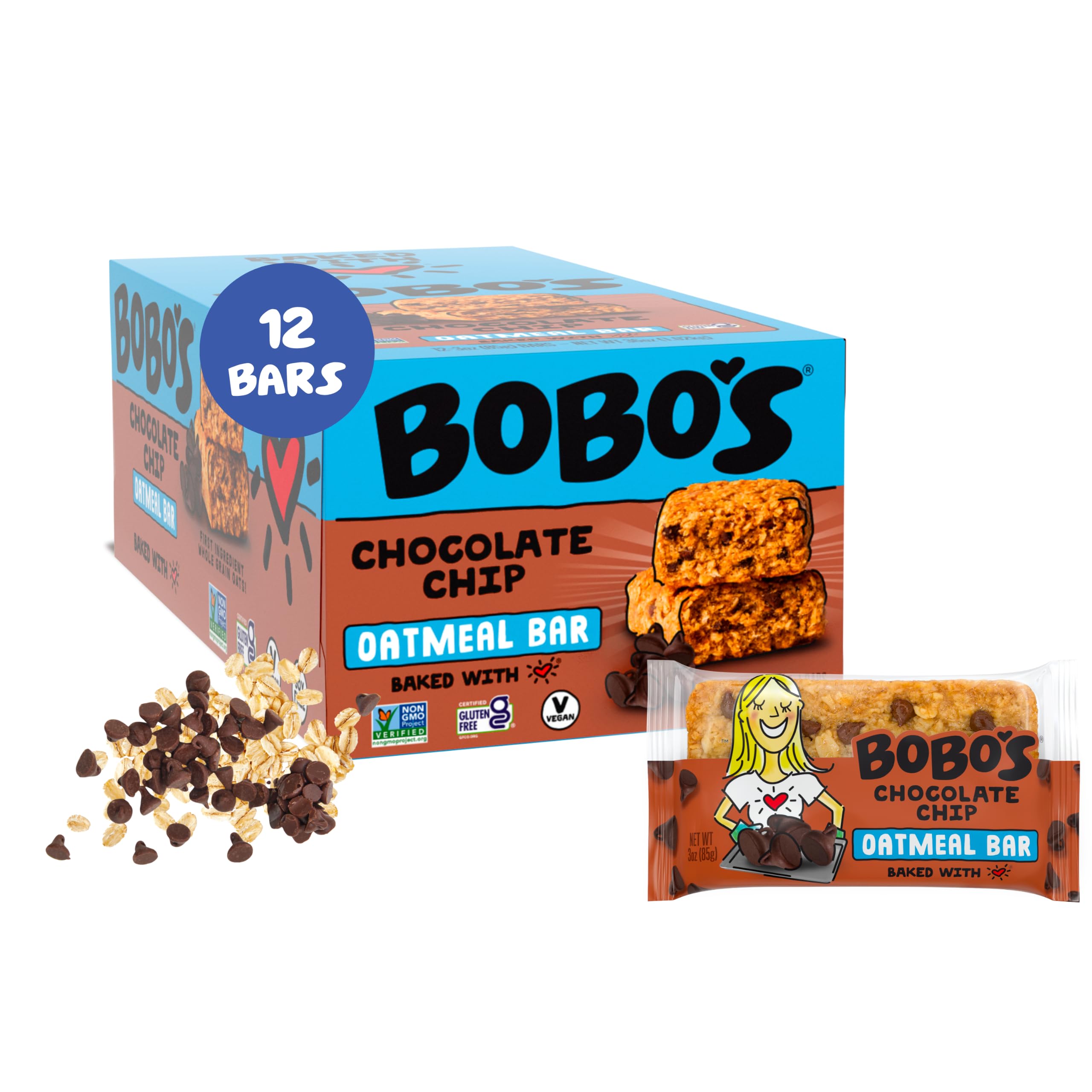 Bobo's frente del empaque mostrando caja de 12 barras, práctico y nutritivo