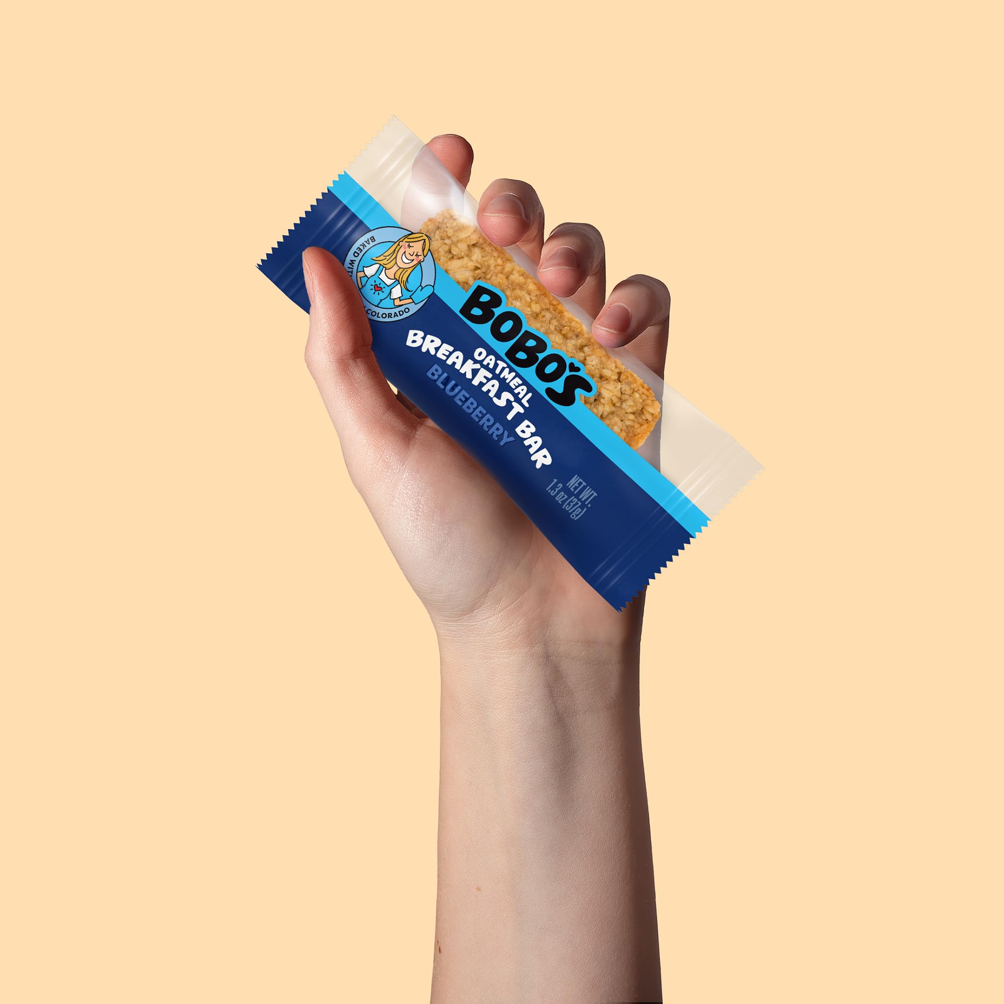 Bobo's barra en mano lista para comer, energía portátil al instante