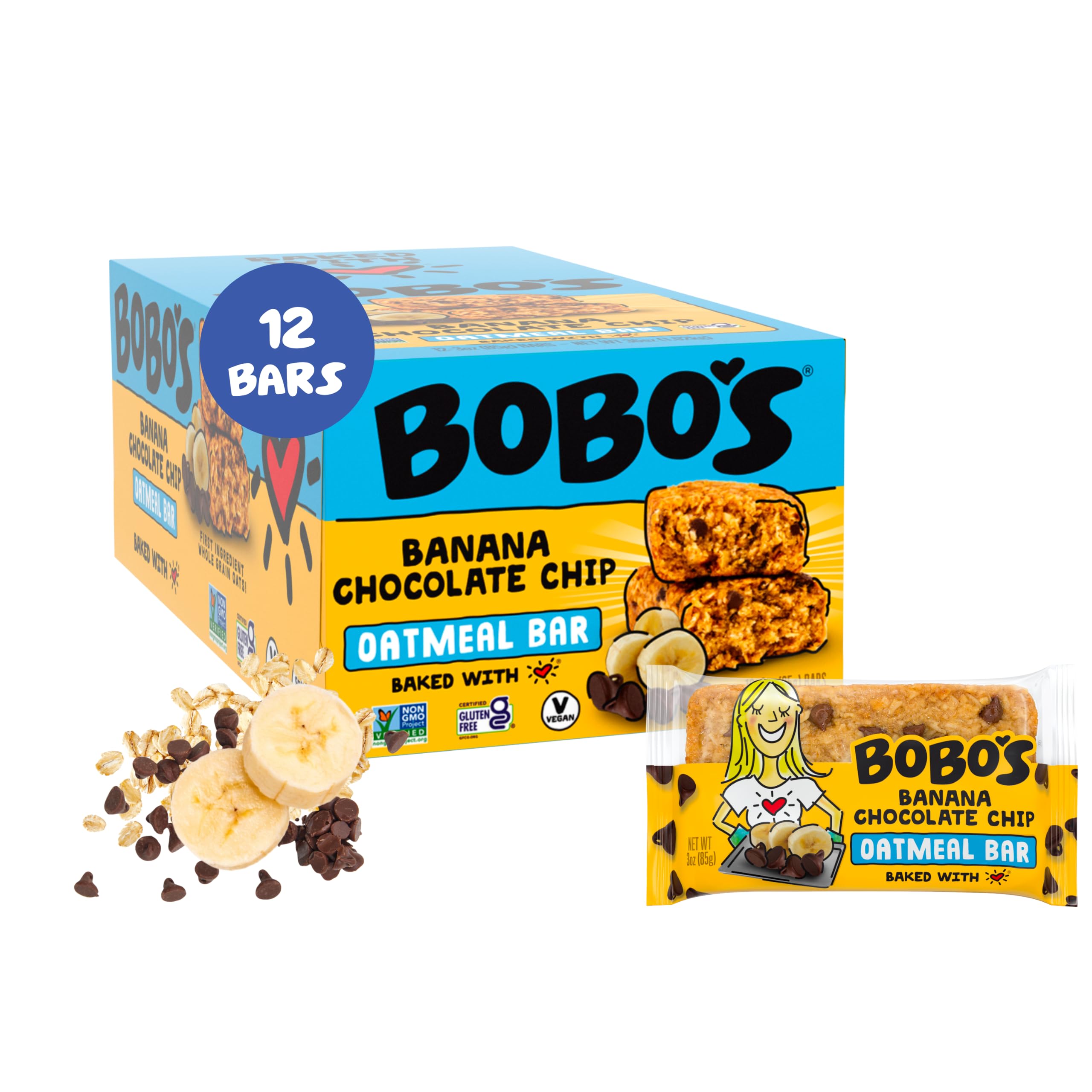 Bobo's empaque frontal de barritas plátano-chocolate mostrando caja de 12 unidades y conveniencia