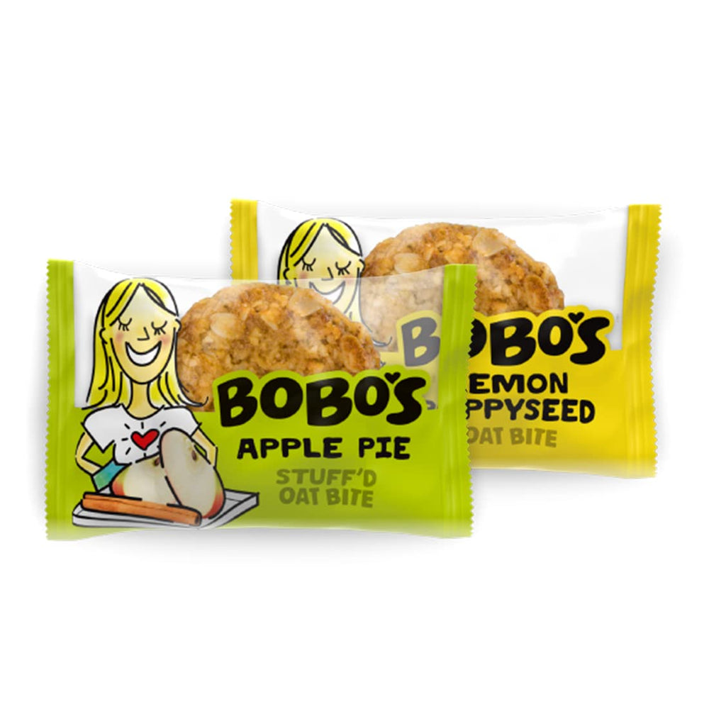 Bobo's empaque frontal 30 ct mostrando sabores y beneficios prácticos