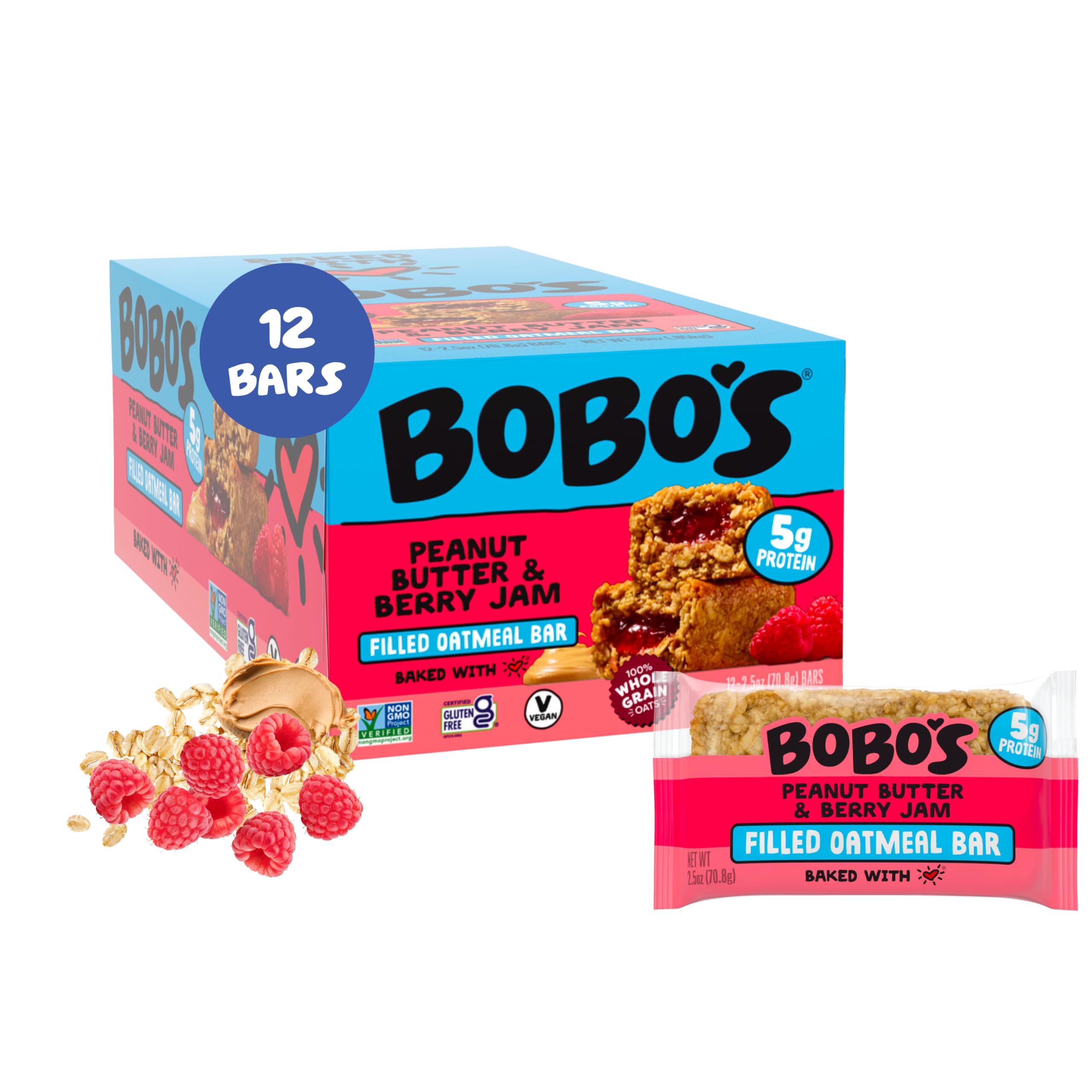 Bobo's paquete frontal mostrando barras de avena listo para llevar