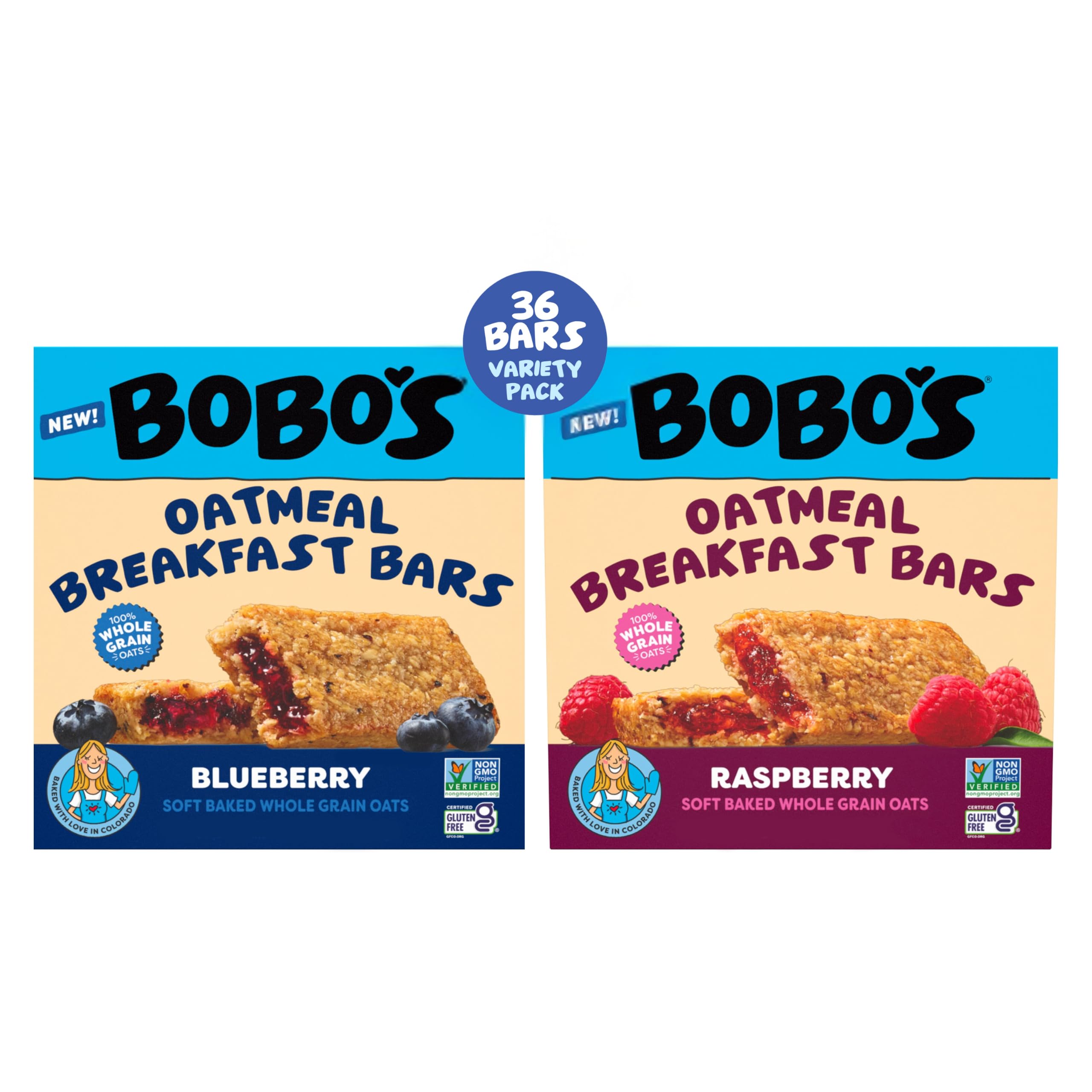 Bobo's pack frontal mostrando la caja de 36 barras y conveniencia