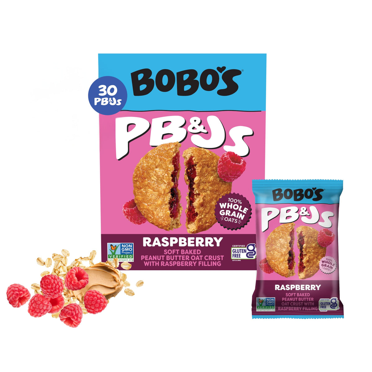 Bobo's caja frontal con 30 unidades que muestra empaques individuales y marca clara