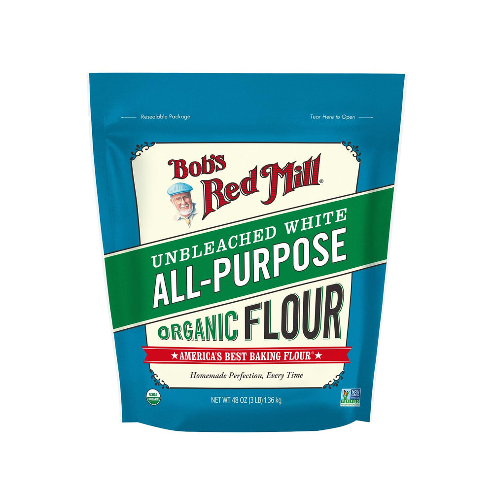 Bob's Red Mill frente del paquete mostrando 3 lb y sello orgánico, calidad confiable