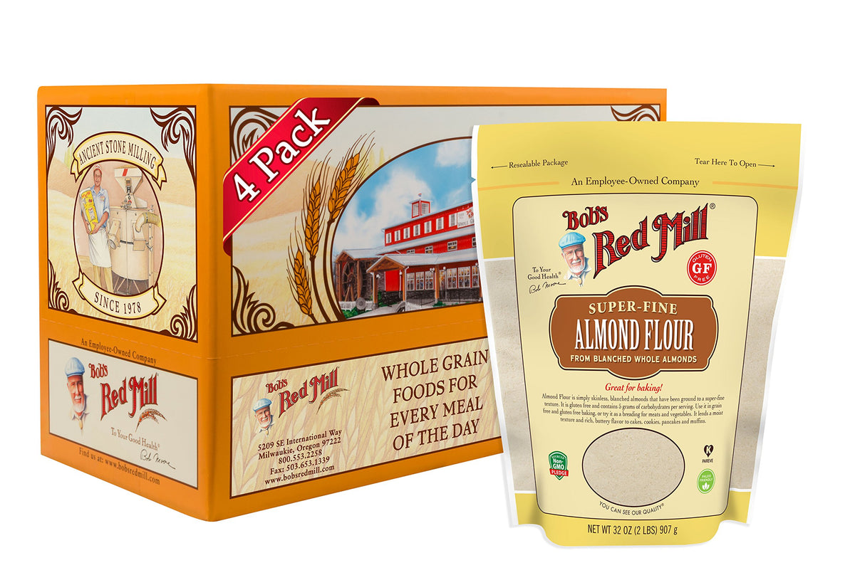 Bob's Red Mill paquete frontal de harina de almendra ofreciendo confianza sin gluten
