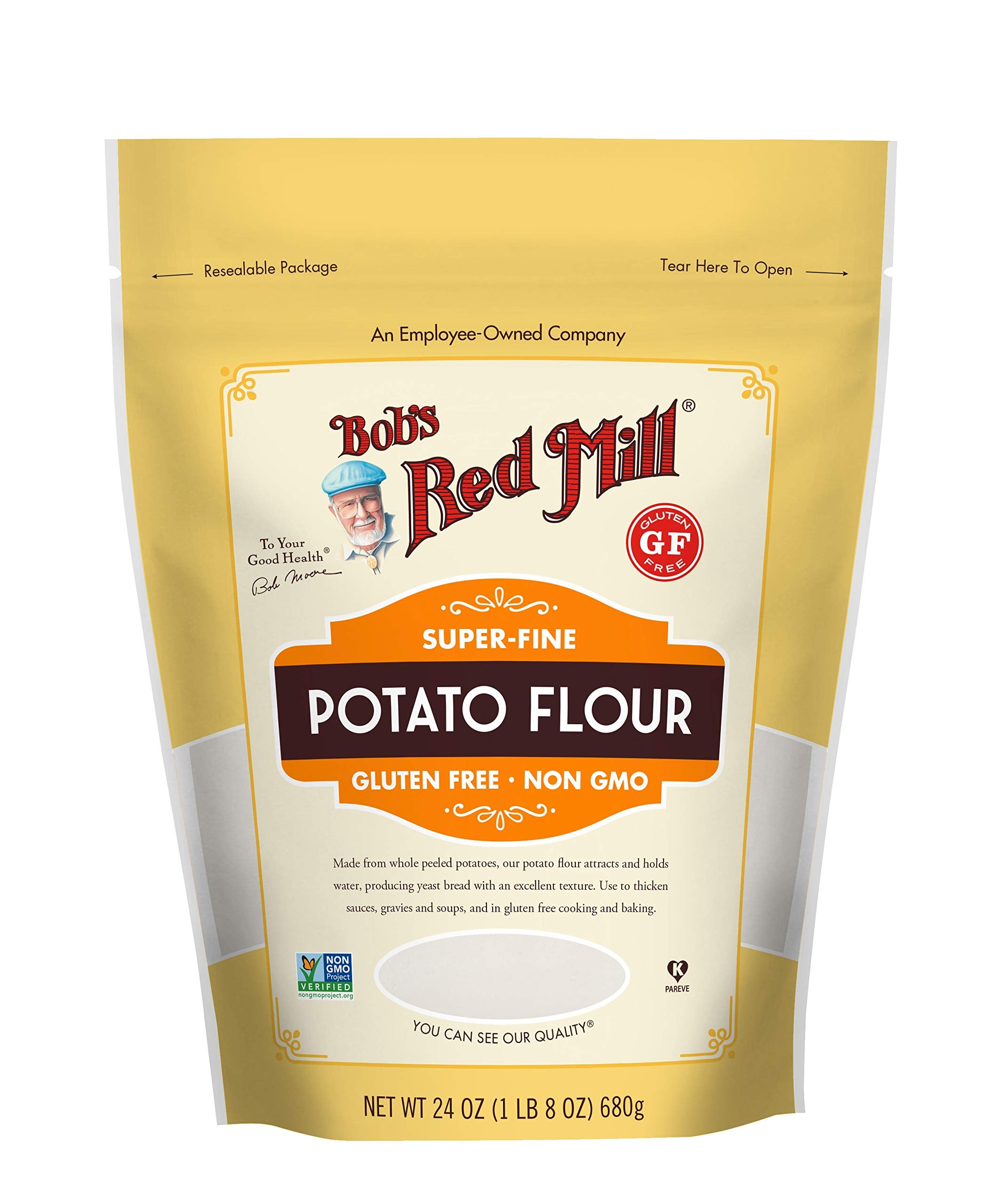 Bob's Red Mill textura fina de harina de papa en primer plano beneficio: mezcla homogénea