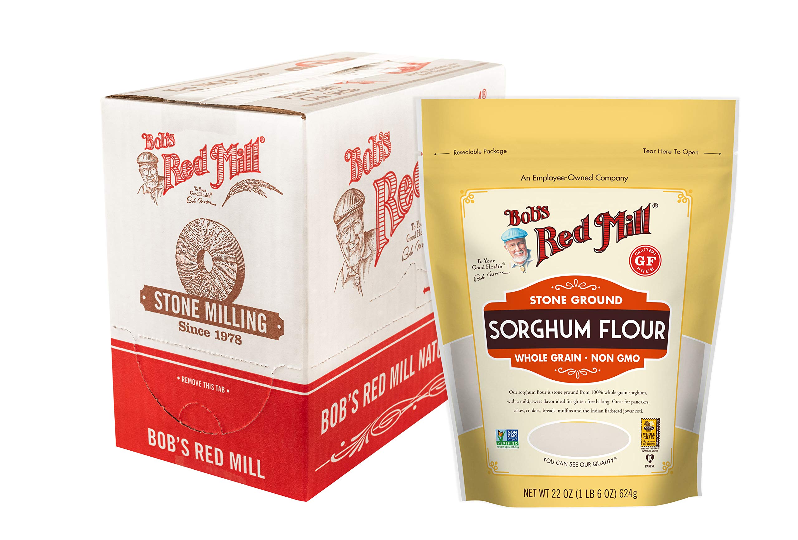 Bob's Red Mill muestra el frente del paquete y beneficios de harina integral