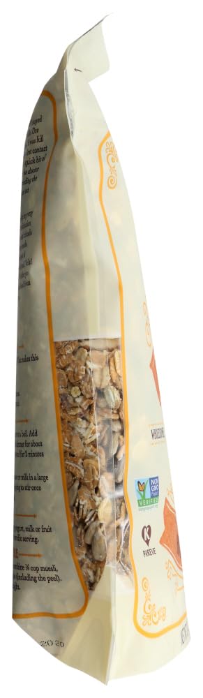 Bob's Red Mill muesli primer plano de textura con copos, semillas y frutas secas