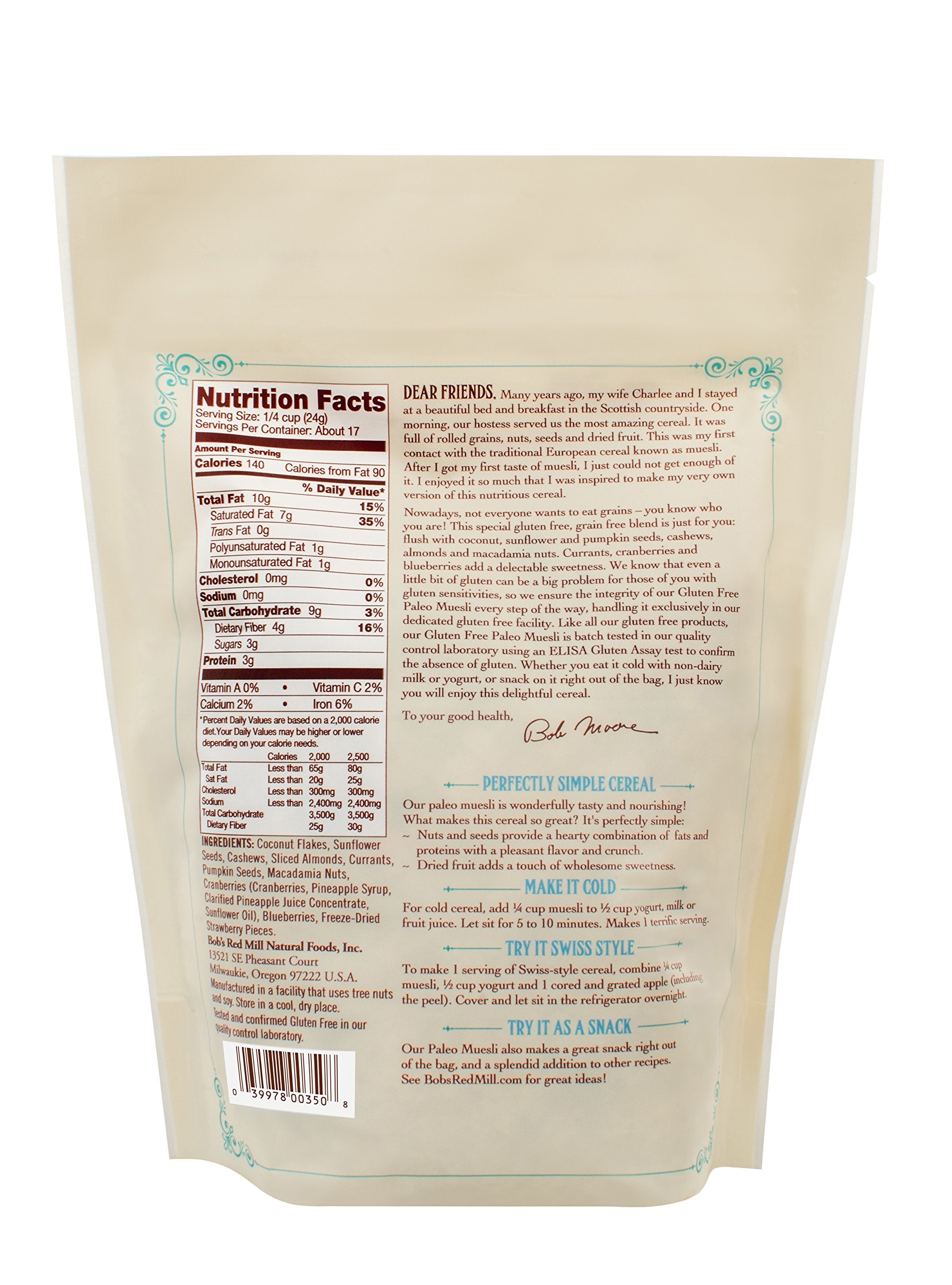 Bob's Red Mill tazón con Paleo Muesli y leche frío, desayuno rápido y nutritivo