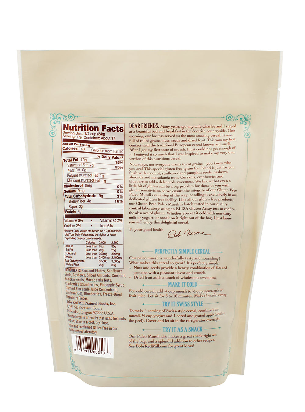 Bob's Red Mill tazón con Paleo Muesli y leche frío, desayuno rápido y nutritivo
