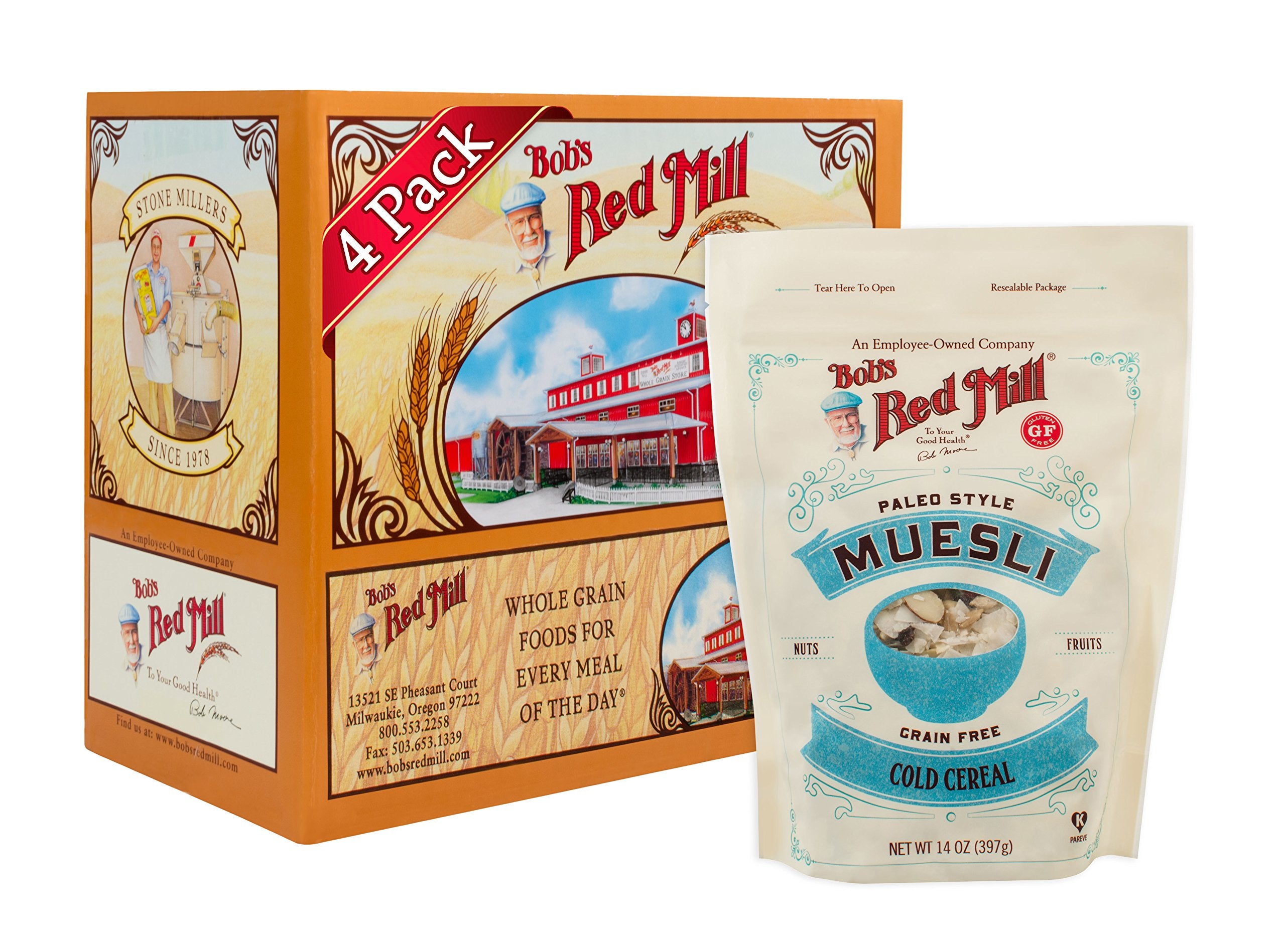 Bob's Red Mill paquete frontal mostrando Paleo Muesli, información clara y tamaño 14oz