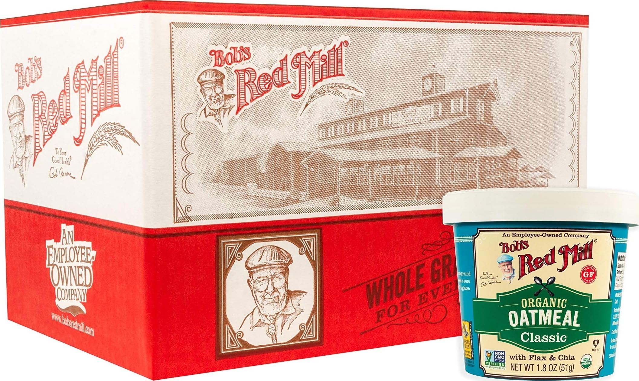 Bob's Red Mill taza frontal mostrando etiqueta y porción lista