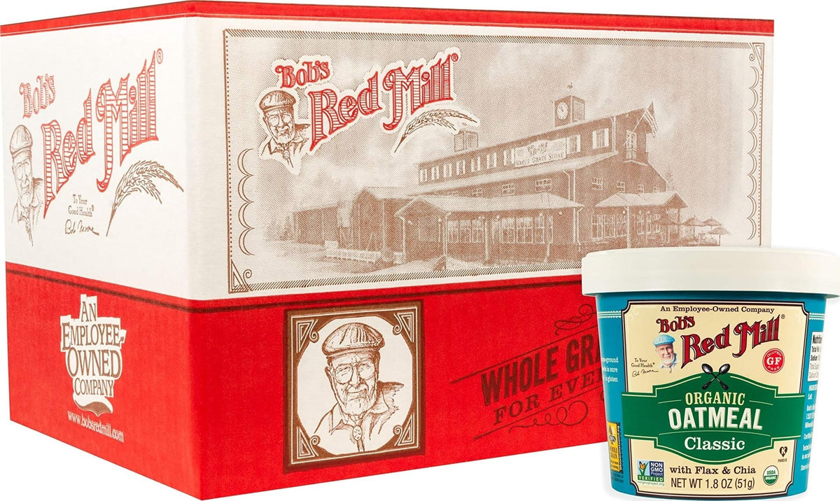 Bob's Red Mill taza frontal mostrando etiqueta y porción lista