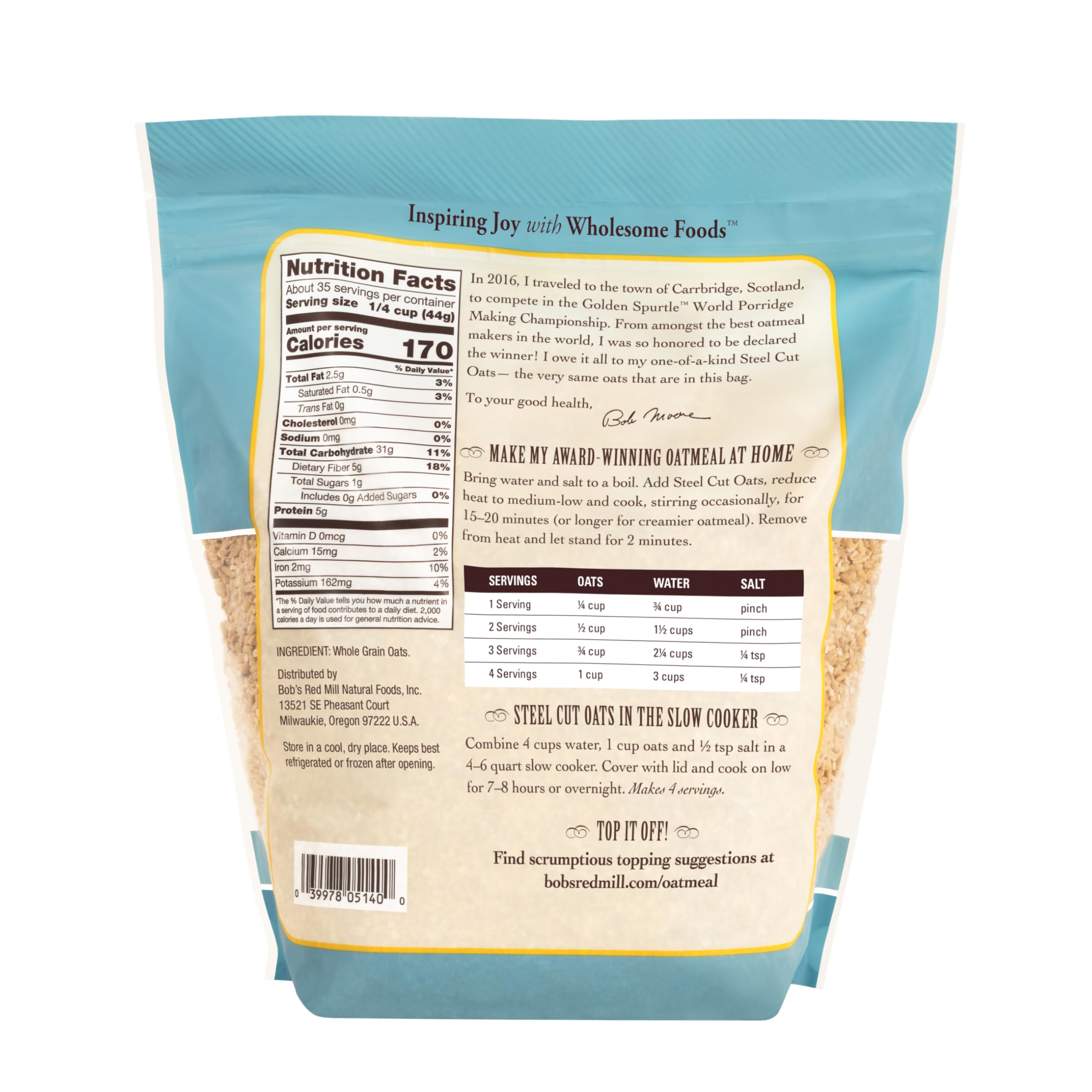 Bob's Red Mill trozos de avena cortada, textura firme y masticable