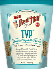 Bob's Red Mill paquete frontal de TVP mostrando marca y peso útil para planificar compras