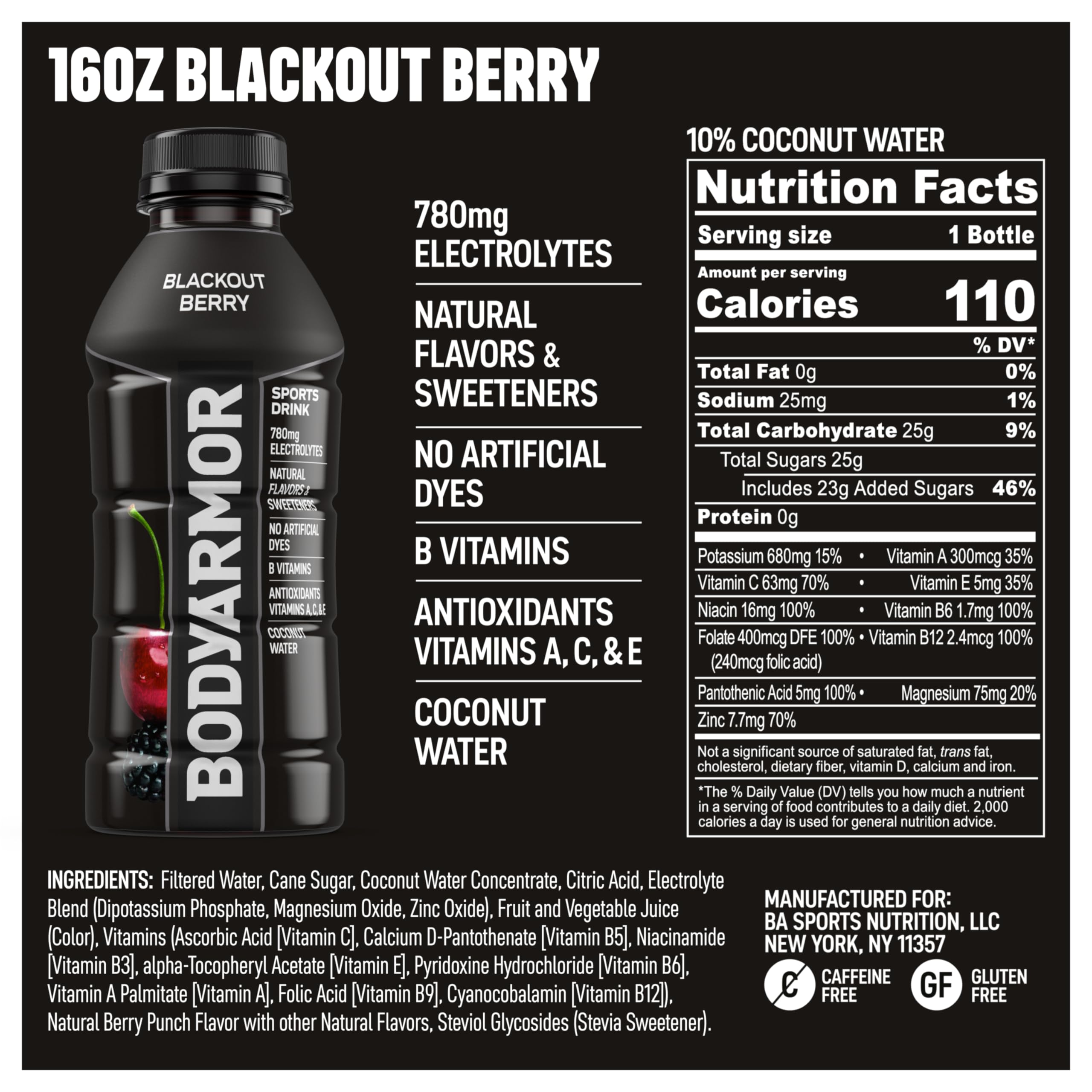 BODYARMOR botella Blackout Berry en primer plano con etiqueta legible y atractivo