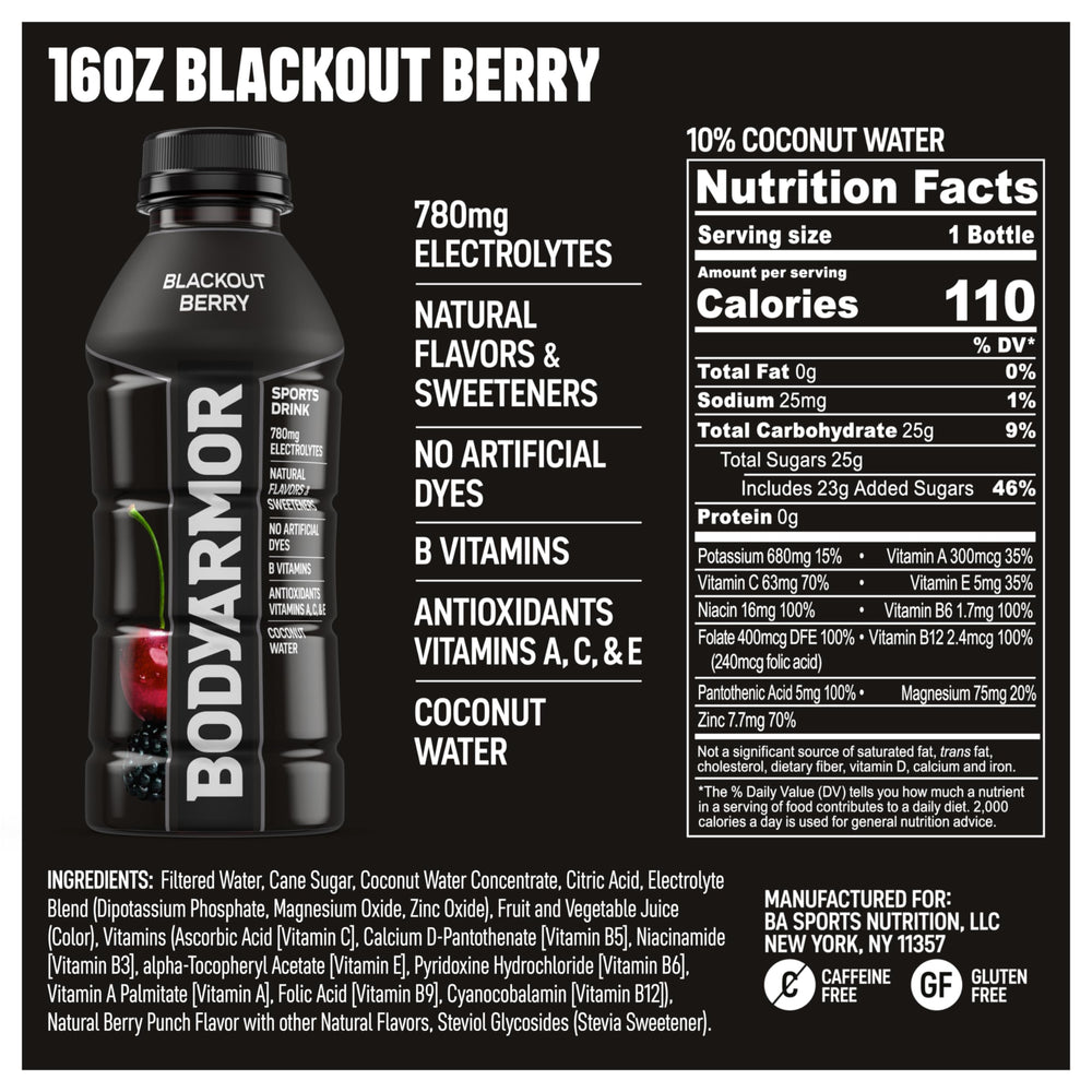 BODYARMOR botella Blackout Berry en primer plano con etiqueta legible y atractivo