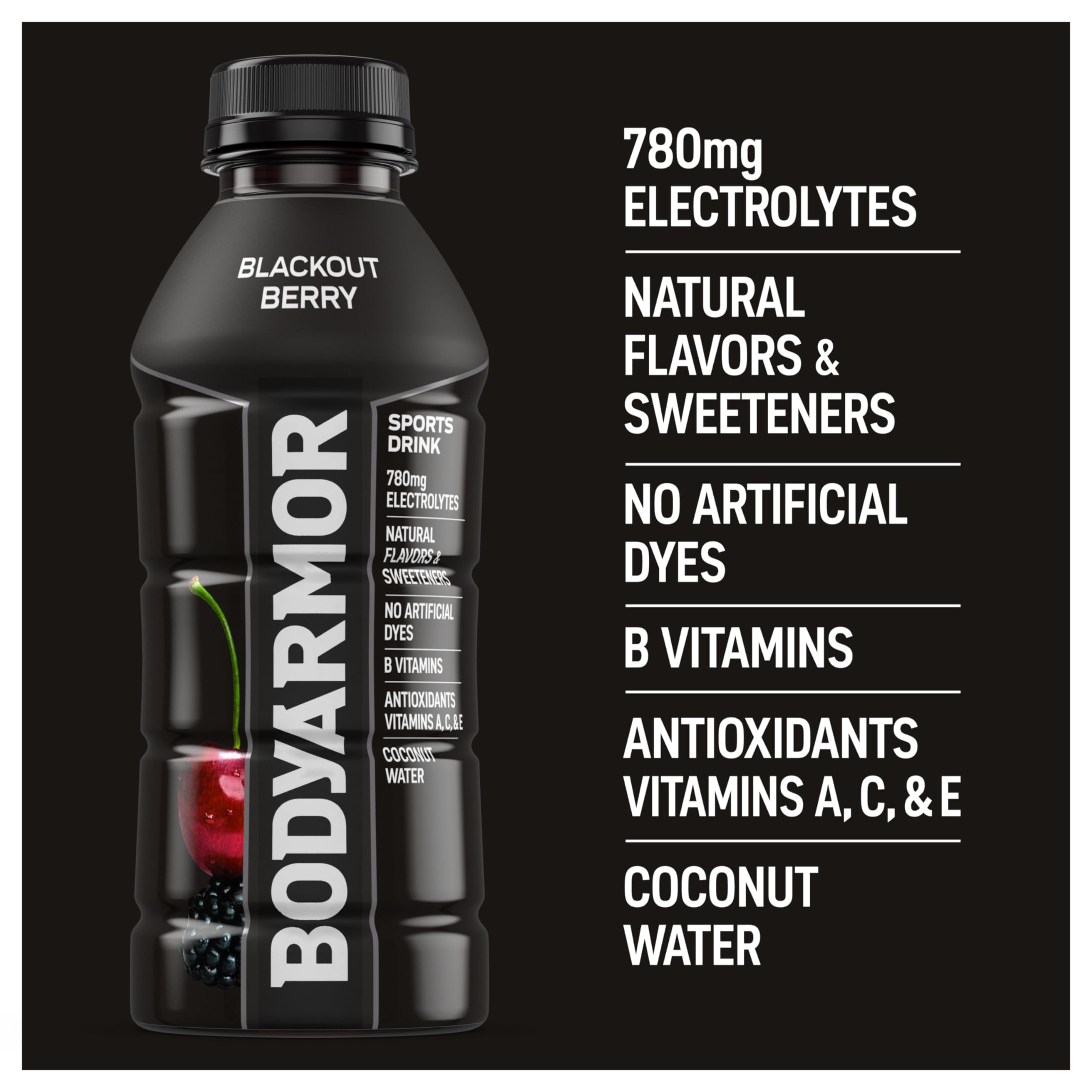 BODYARMOR detalle de la etiqueta nutricional mostrando electrolitos y vitaminas
