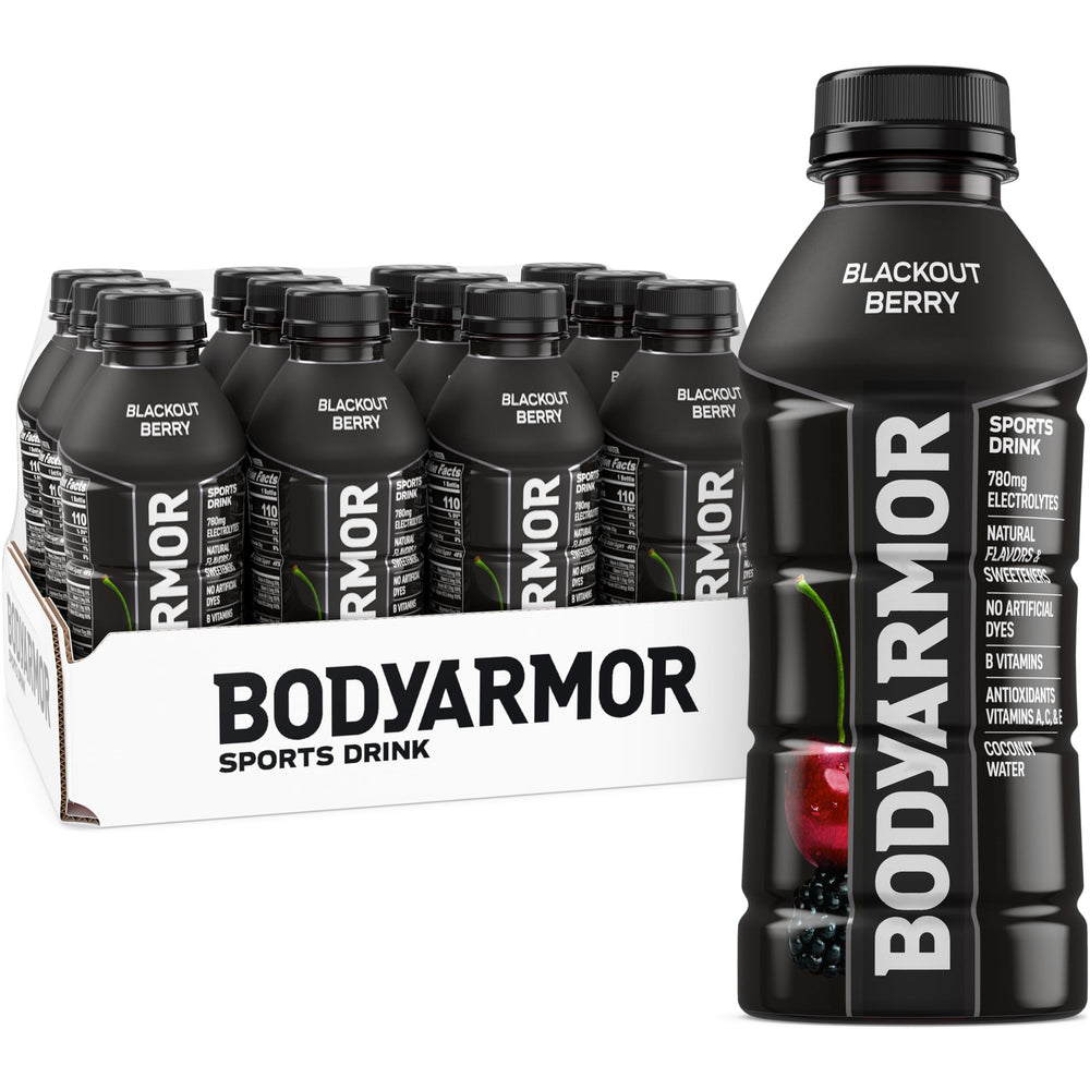 BODYARMOR frontal del pack de 12 botellas mostrando el diseño y conveniencia