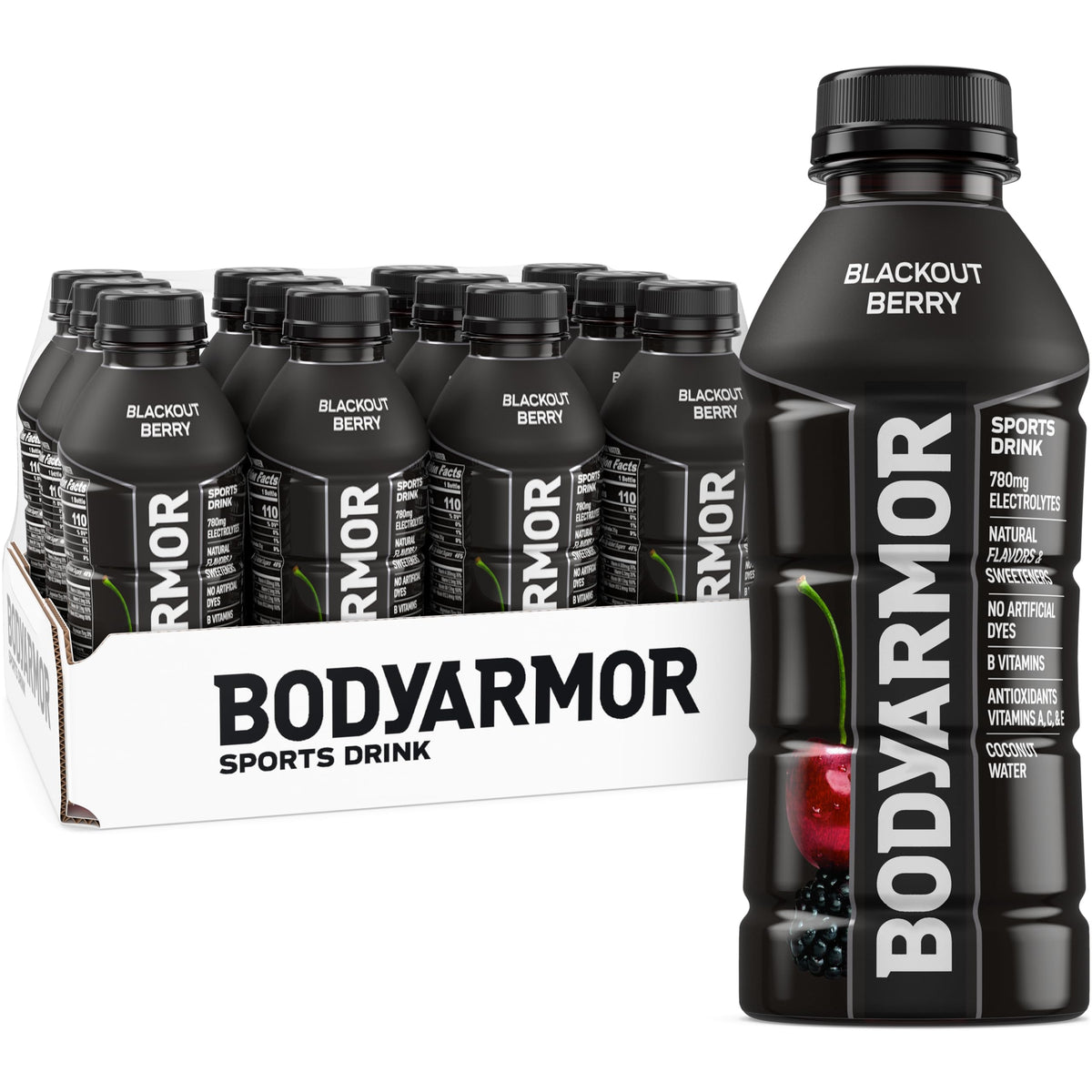 BODYARMOR frontal del pack de 12 botellas mostrando el diseño y conveniencia
