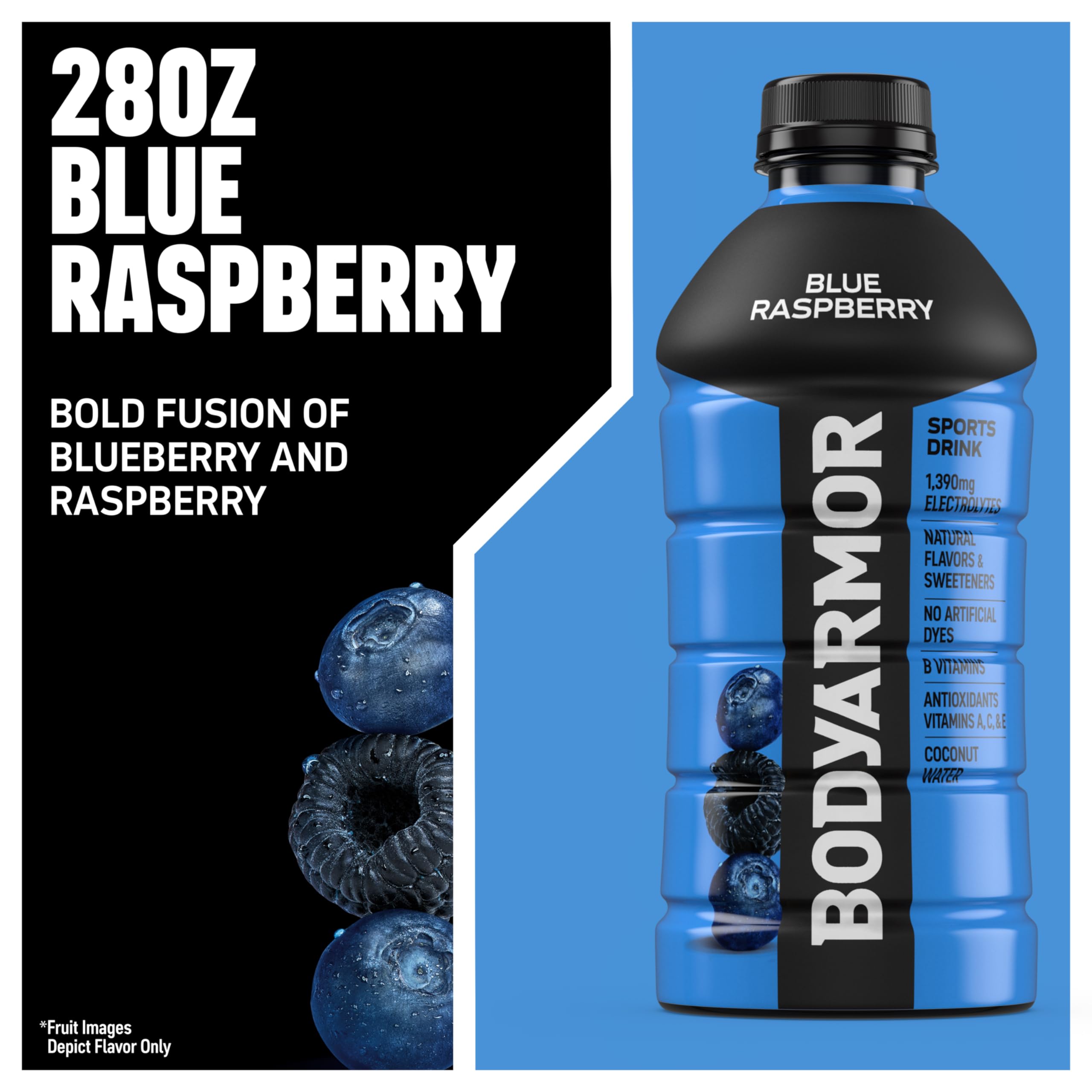 BODYARMOR botella 28 oz sostenida en mano para referencia de tamaño y volumen