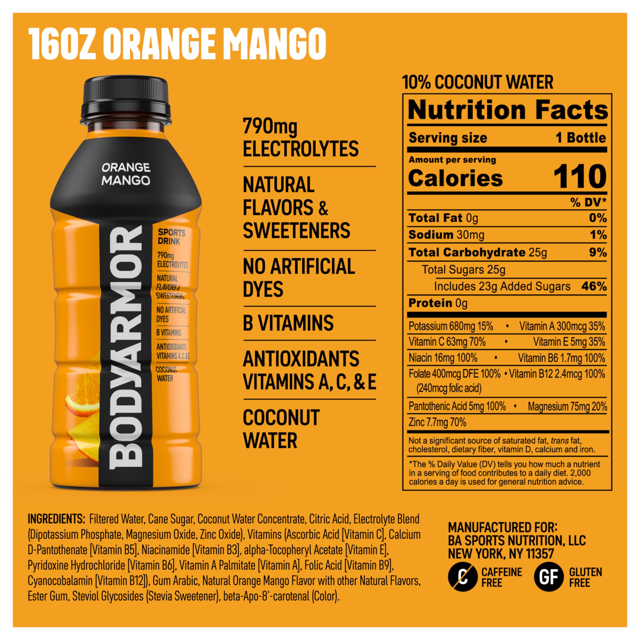 BODYARMOR detalle de la etiqueta mostrando ingredientes y beneficios