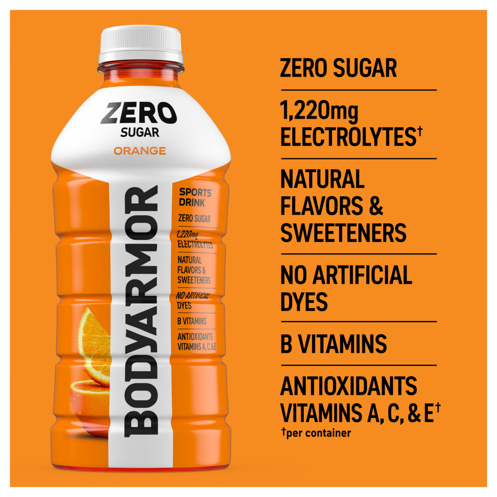 BODYARMOR etiqueta con información nutricional y beneficios electrolíticos